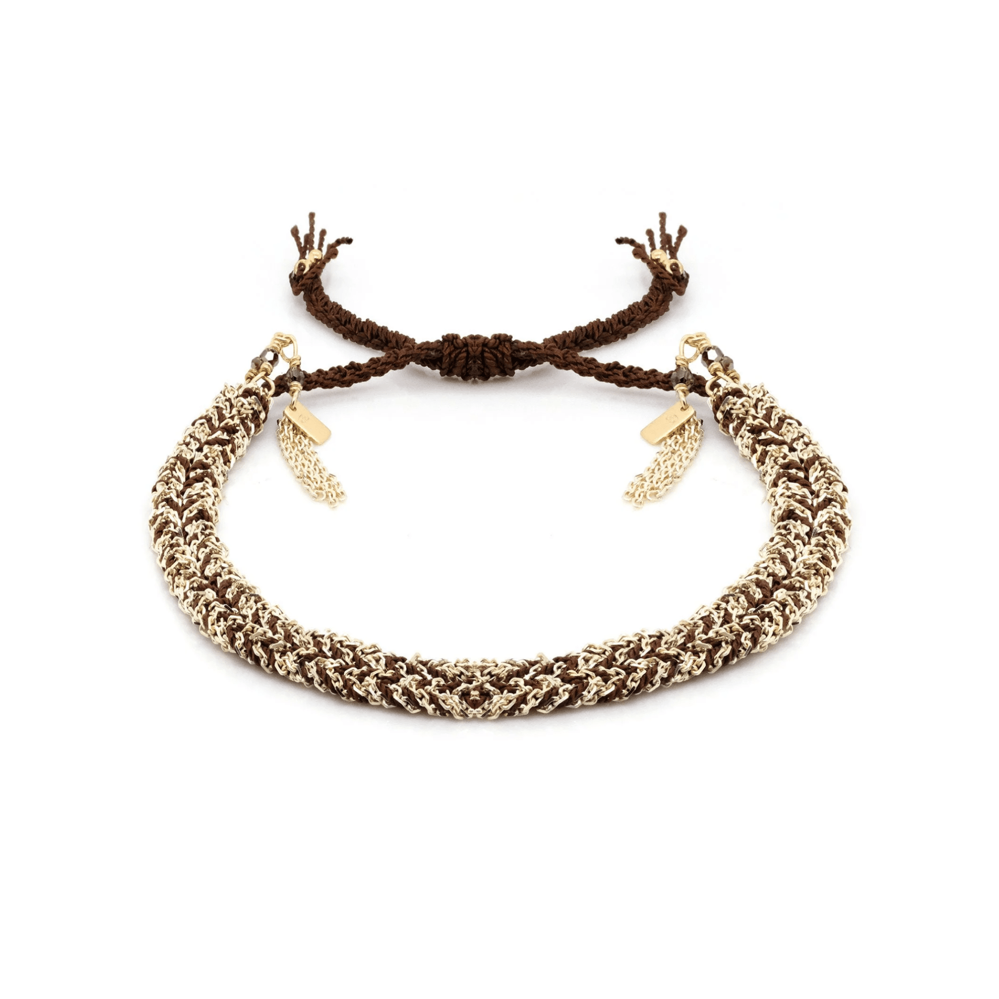 Brown Silk and Vermeil Chain Woven Bracelet - Peridot Fine Jewelry - Marie Laure Chamorel