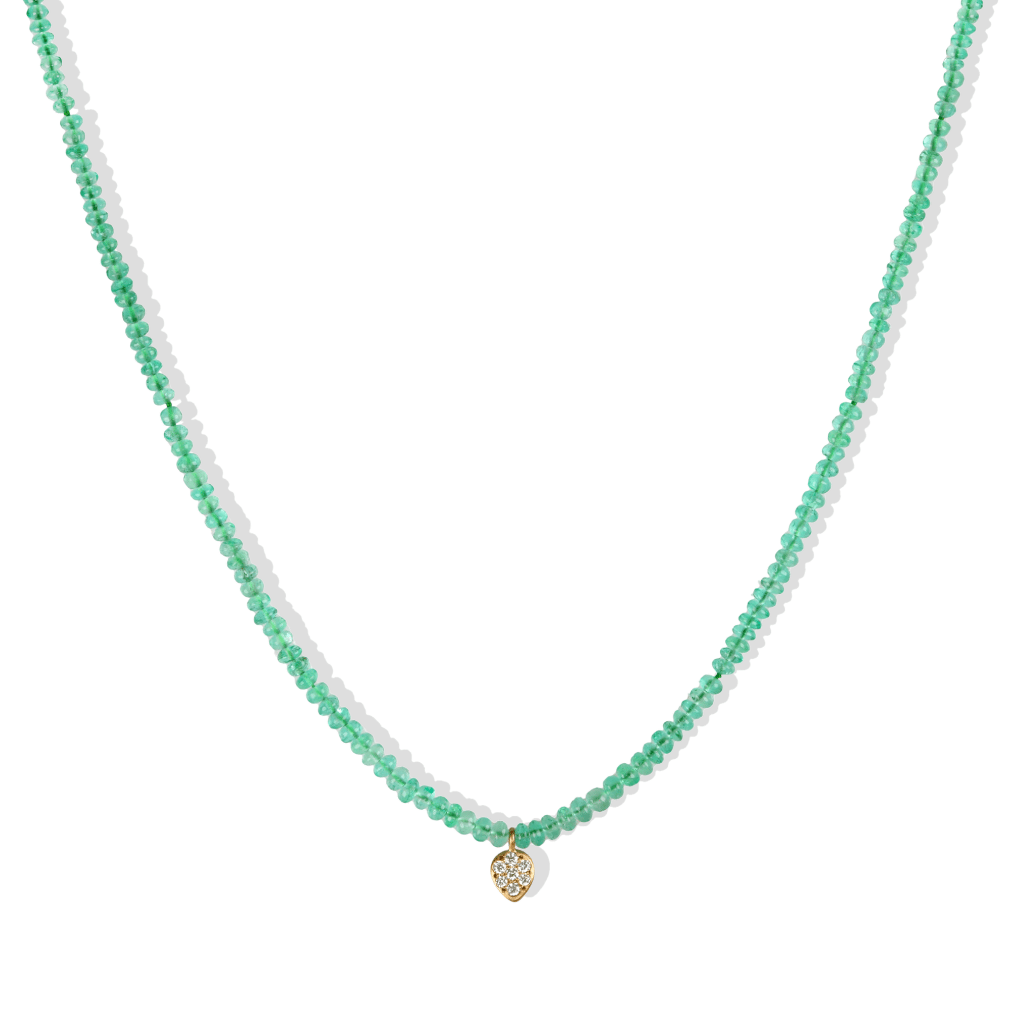 Cabochon Green Emerald Beaded Necklace with Center 20K Pave Diamond Pear - Shaped Charm - Peridot Fine Jewelry - Caroline Ellen