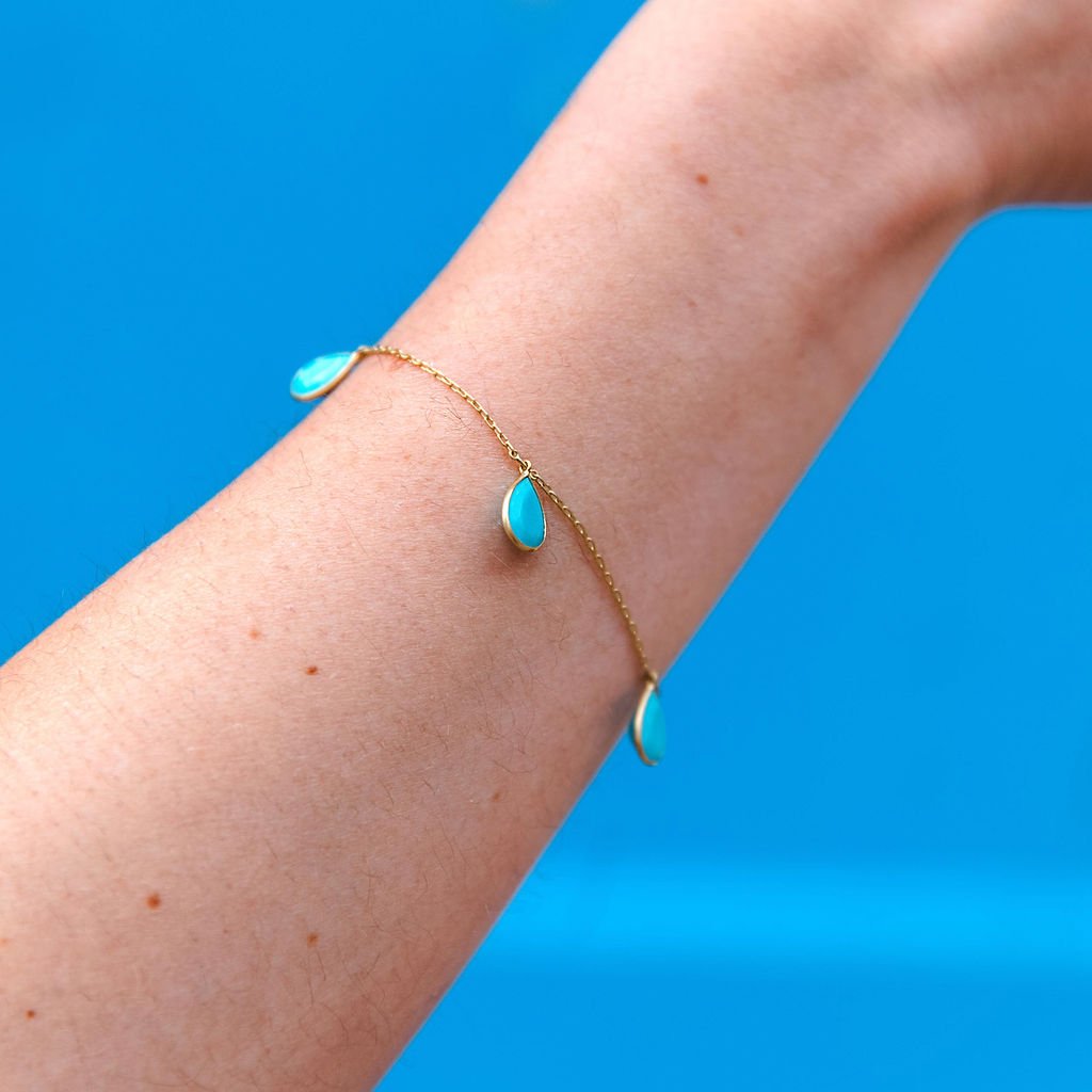 Chain Bracelet with Triple Bezel-Set Turquoise &quot;Petal&quot; Drops - Peridot Fine Jewelry - Kothari