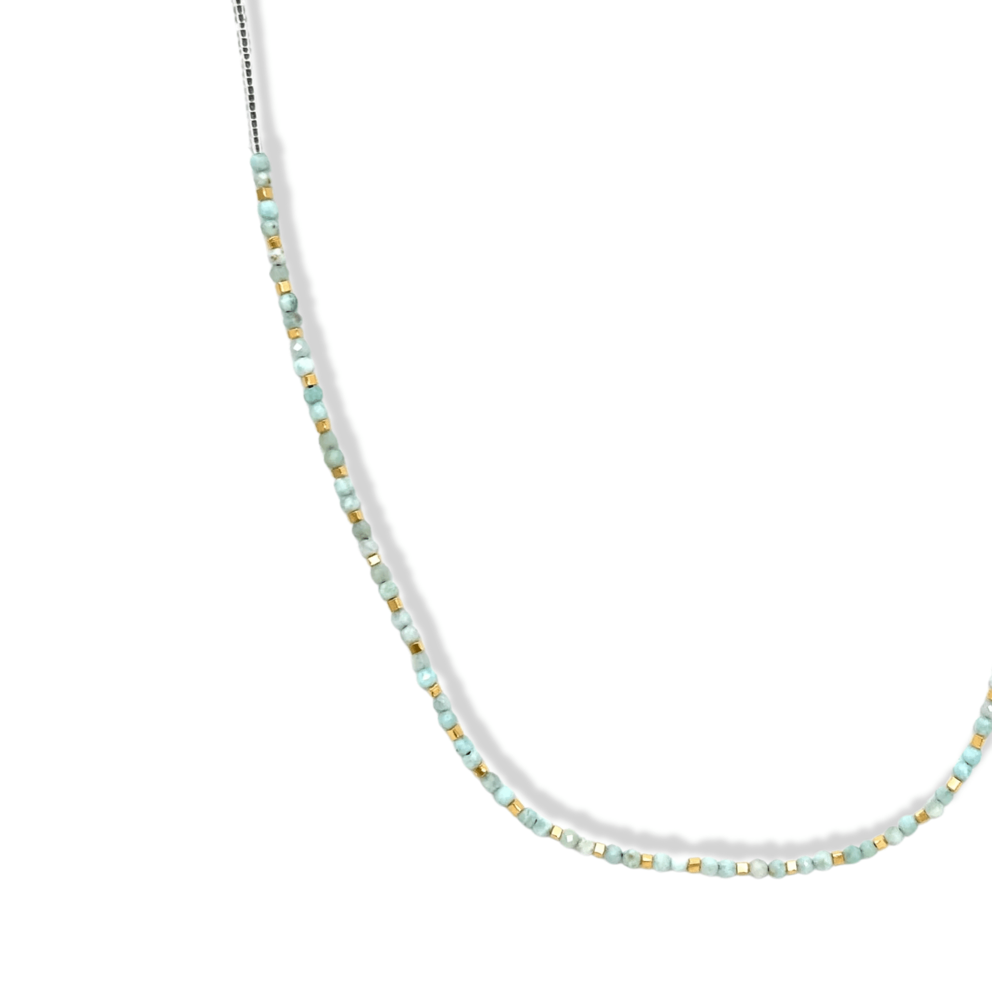 Clear and Larimar Seed Beaded Necklace with Gold Vermeil Accent Beads - Peridot Fine Jewelry - Debbie Fisher