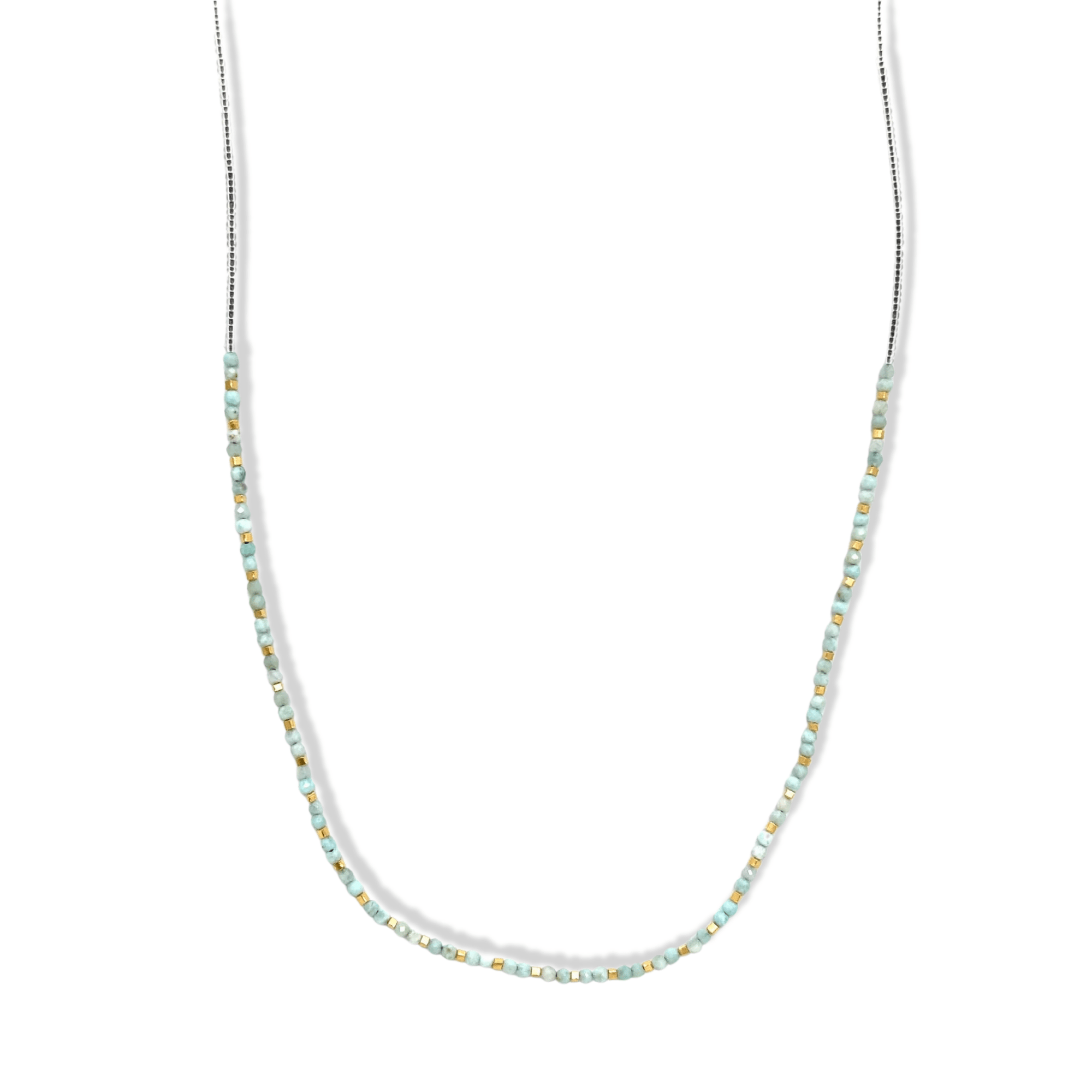 Clear and Larimar Seed Beaded Necklace with Gold Vermeil Accent Beads - Peridot Fine Jewelry - Debbie Fisher