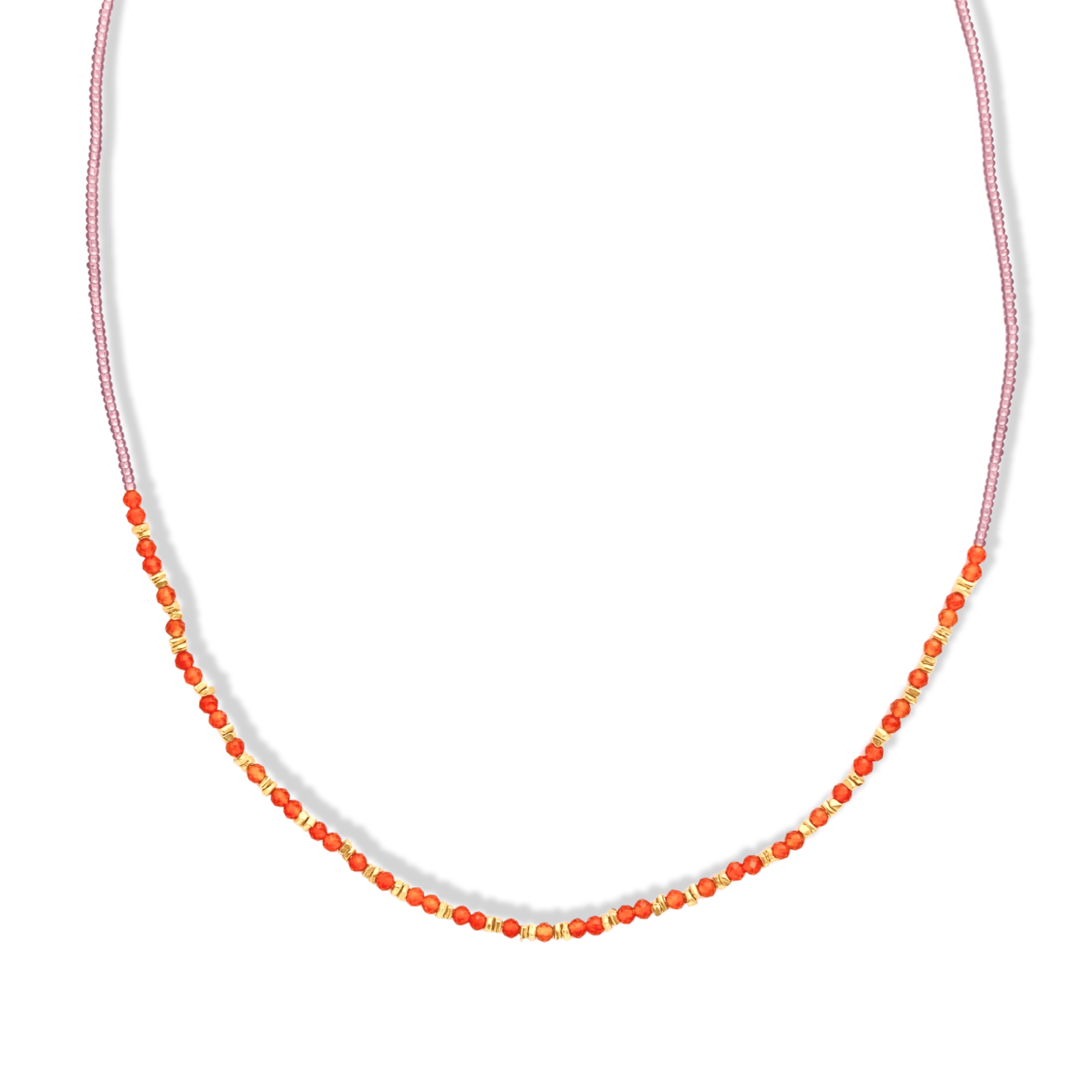Clear Pink Seed Bead Necklace with Carnelian &amp; Gold Vermeil Beaded Center Station - Peridot Fine Jewelry - Debbie Fisher