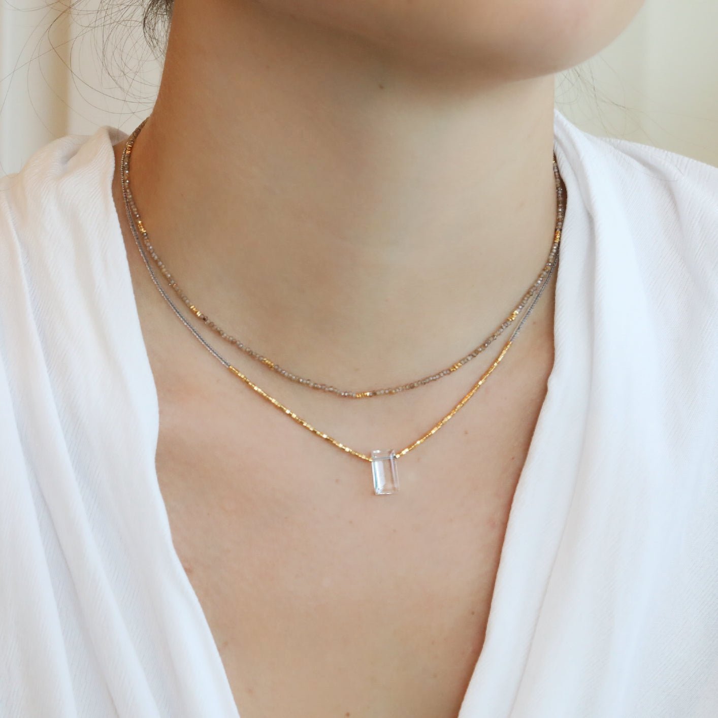 Clear Seed Bead &amp; Gold Vermeil Beaded Necklace with Rectangular Clear Quartz Drop - Peridot Fine Jewelry - Debbie Fisher