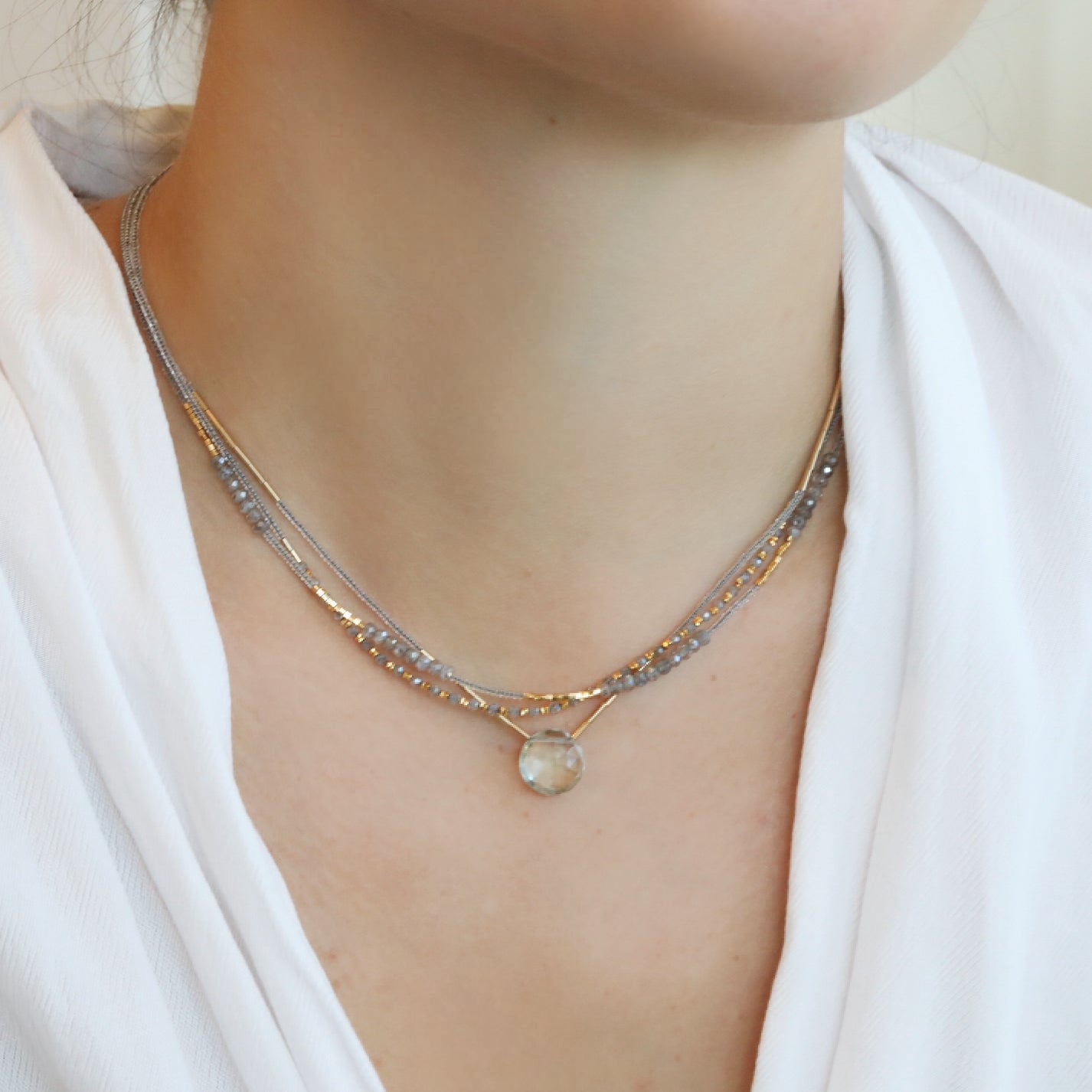 Clear Seed Bead Necklace with Labradorite &amp; Gold Vermeil Beaded Stations - Peridot Fine Jewelry - Debbie Fisher
