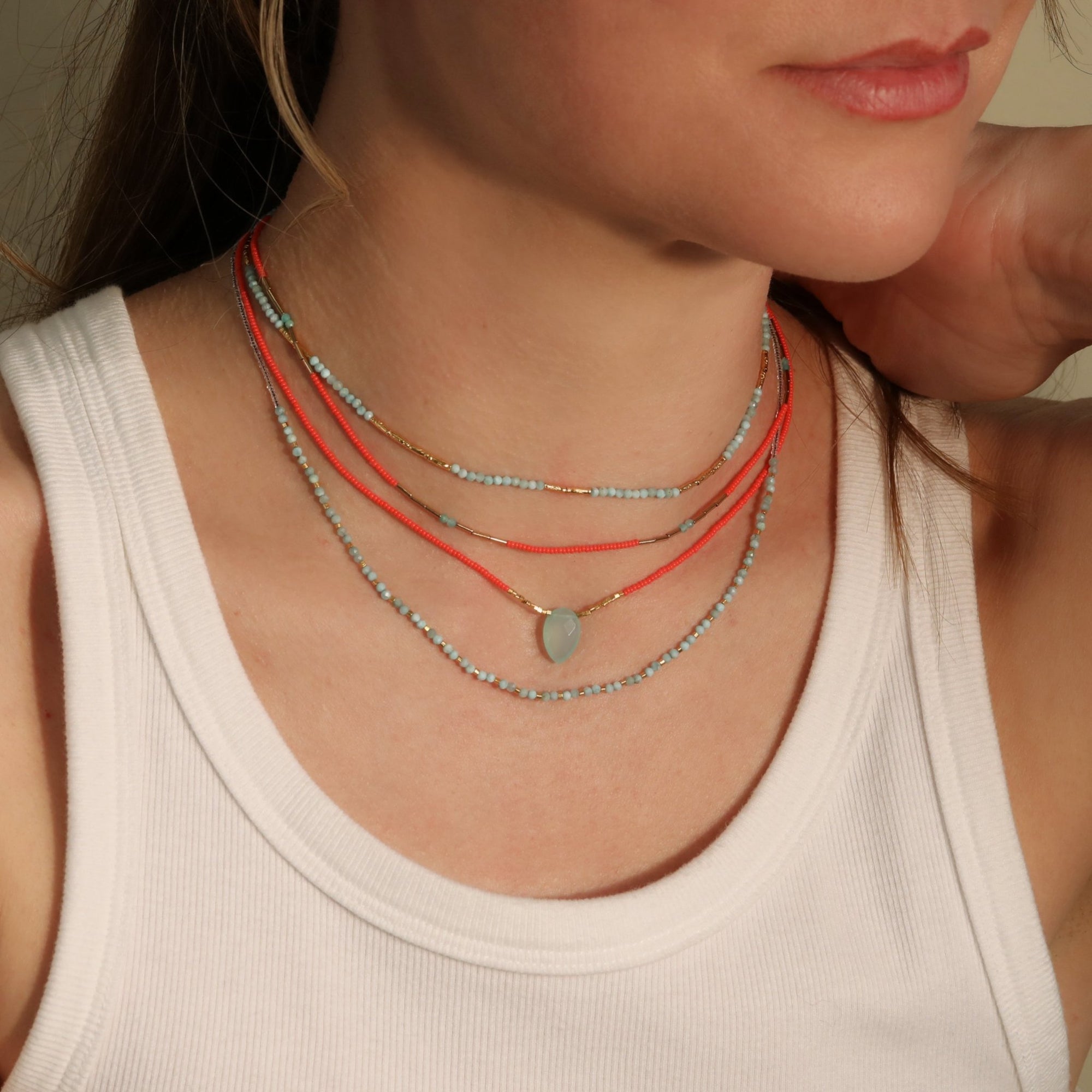 Coral Glass Bead Necklace with Gold Fill Bar Beads &amp; Amazonite Beaded Center - Peridot Fine Jewelry - Debbie Fisher