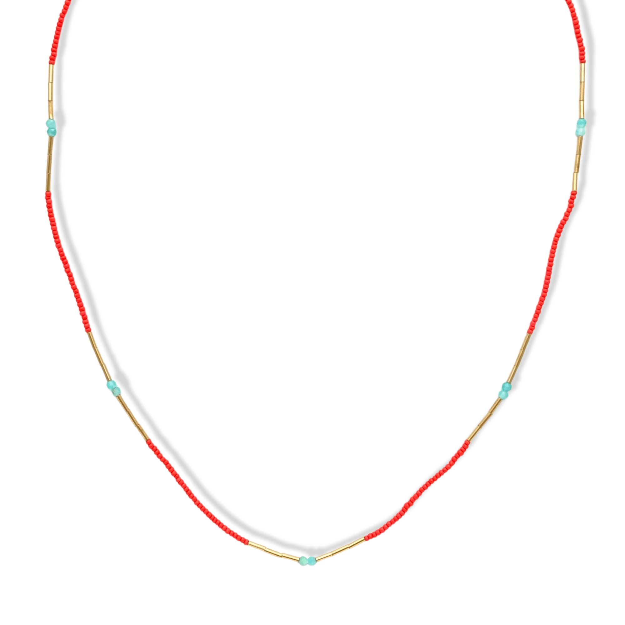 Coral Glass Bead Necklace with Gold Fill Bar Beads &amp; Amazonite Beaded Center - Peridot Fine Jewelry - Debbie Fisher