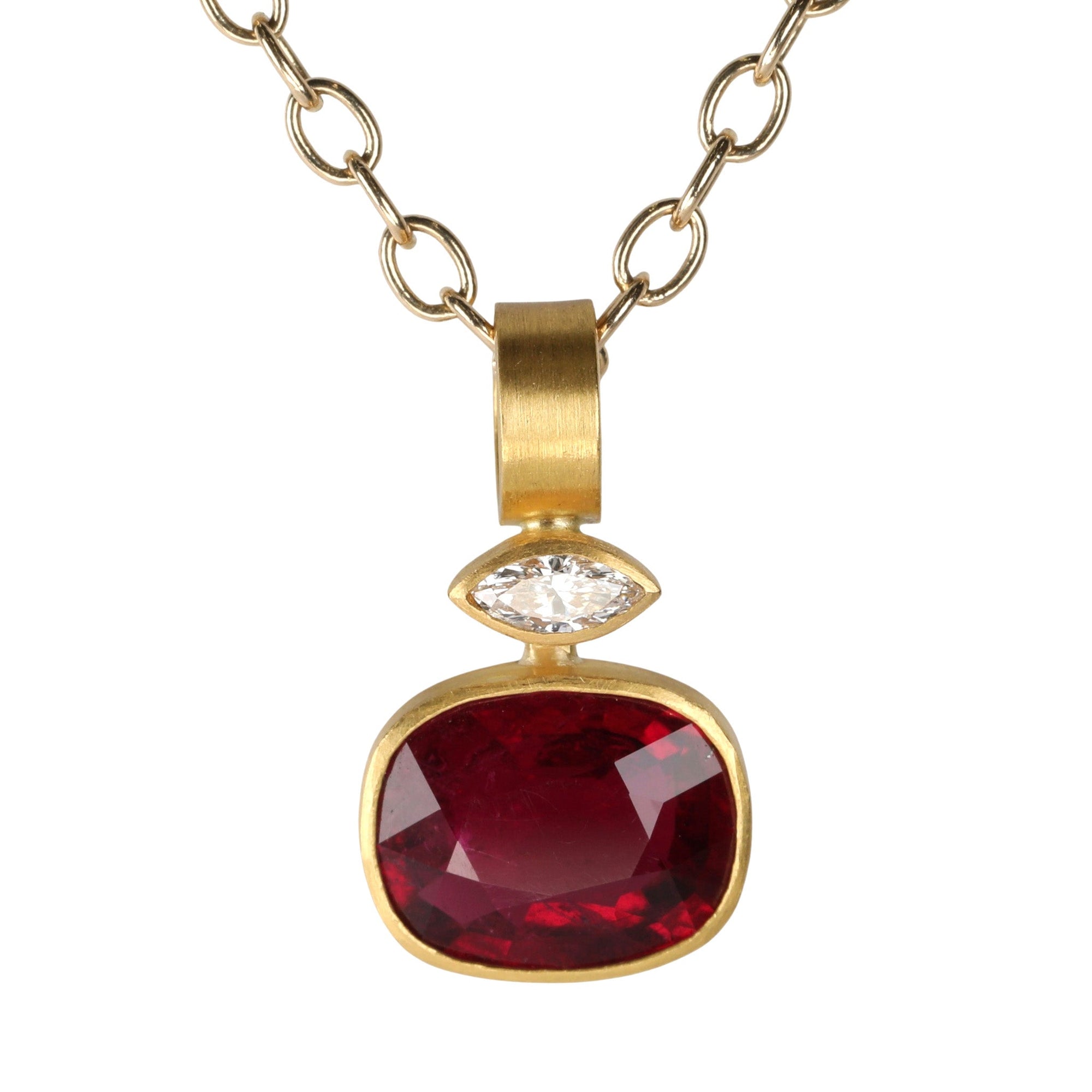 Cushion Cut Rubellite Tourmaline Pendant set in 22K with Marquise Diamond Detail - Peridot Fine Jewelry - Rosanne Pugliese