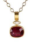 Cushion Cut Rubellite Tourmaline Pendant set in 22K with Marquise Diamond Detail - Peridot Fine Jewelry - Rosanne Pugliese