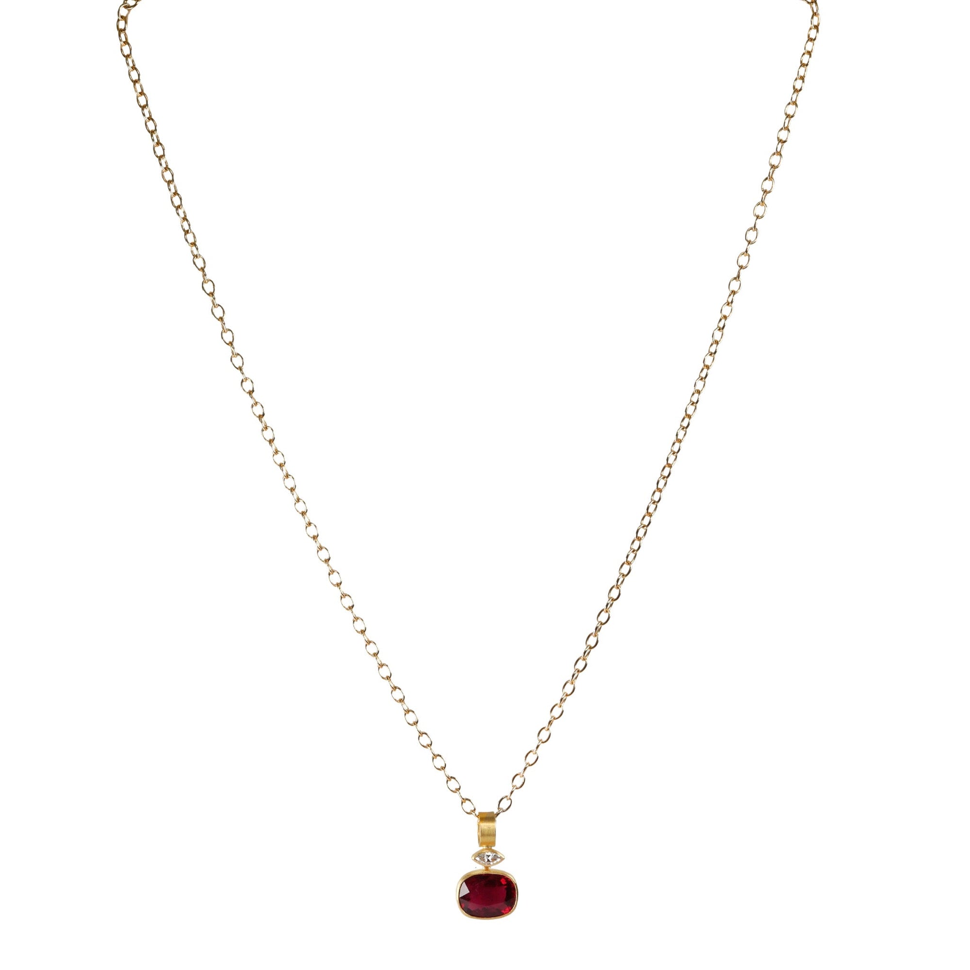 Cushion Cut Rubellite Tourmaline Pendant set in 22K with Marquise Diamond Detail - Peridot Fine Jewelry - Rosanne Pugliese