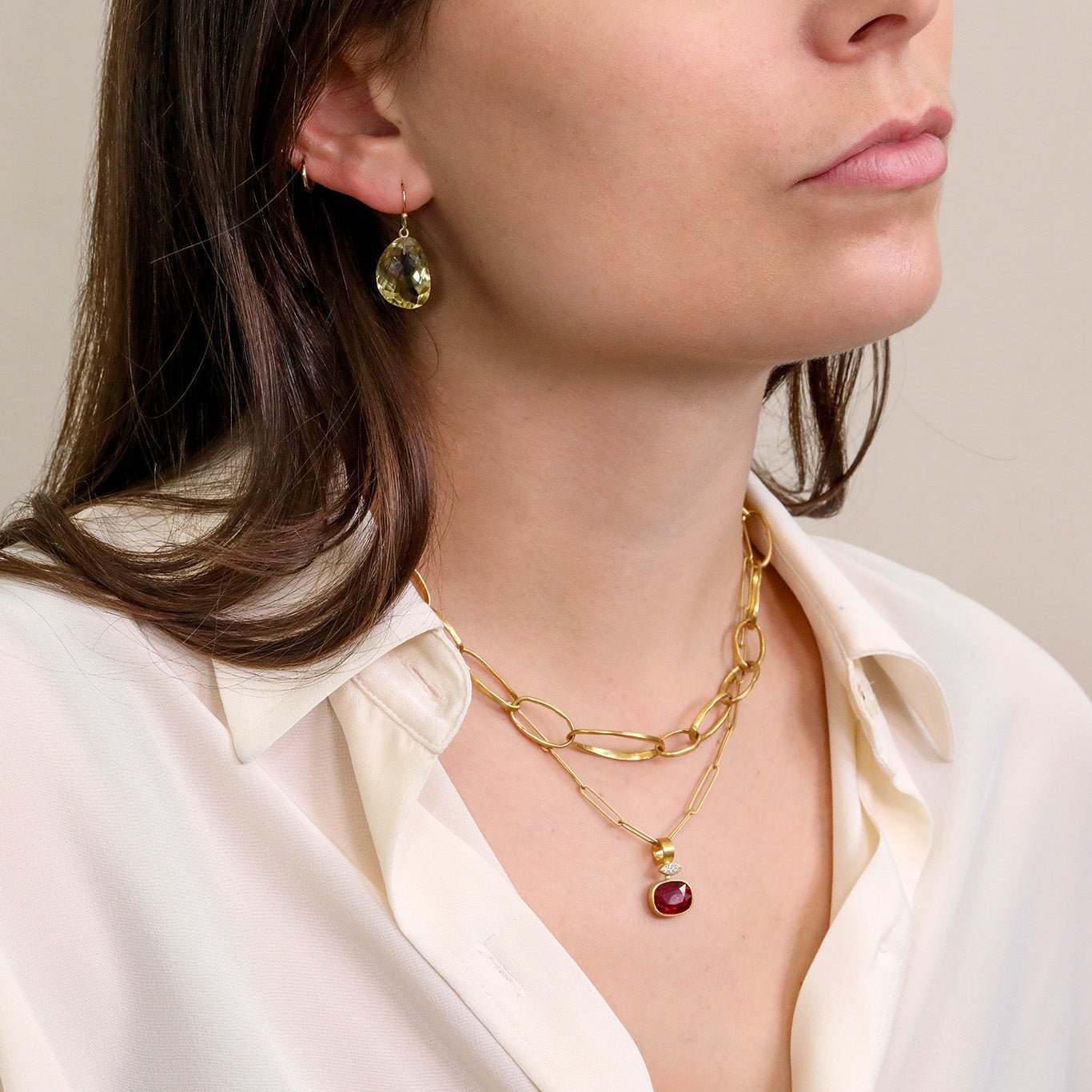 Cushion Cut Rubellite Tourmaline Pendant set in 22K with Marquise Diamond Detail - Peridot Fine Jewelry - Rosanne Pugliese