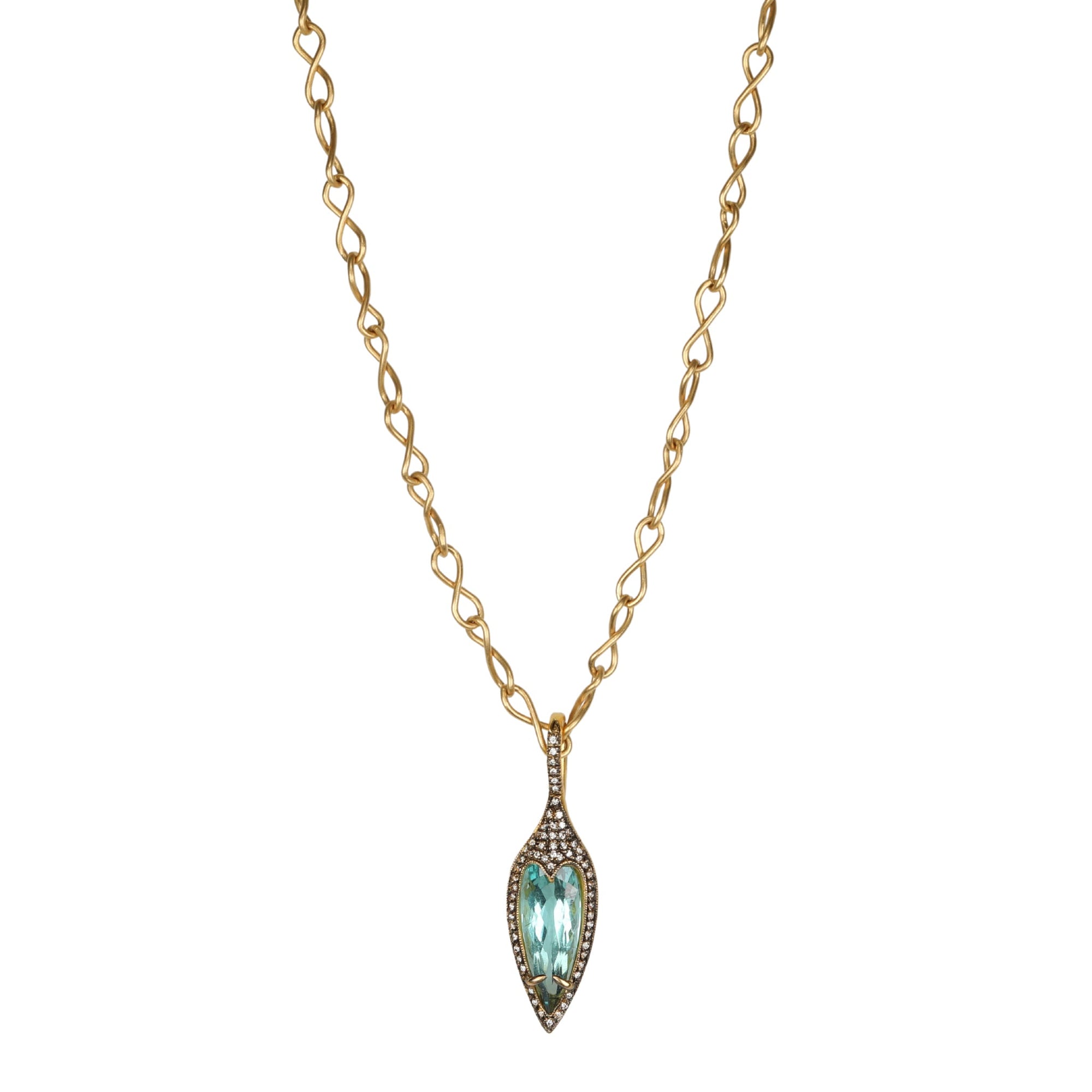 Elongated &quot;Jeweled Thorn&quot; Blue-Green Tourmaline Pendant with Diamonds - Peridot Fine Jewelry - Cathy Waterman