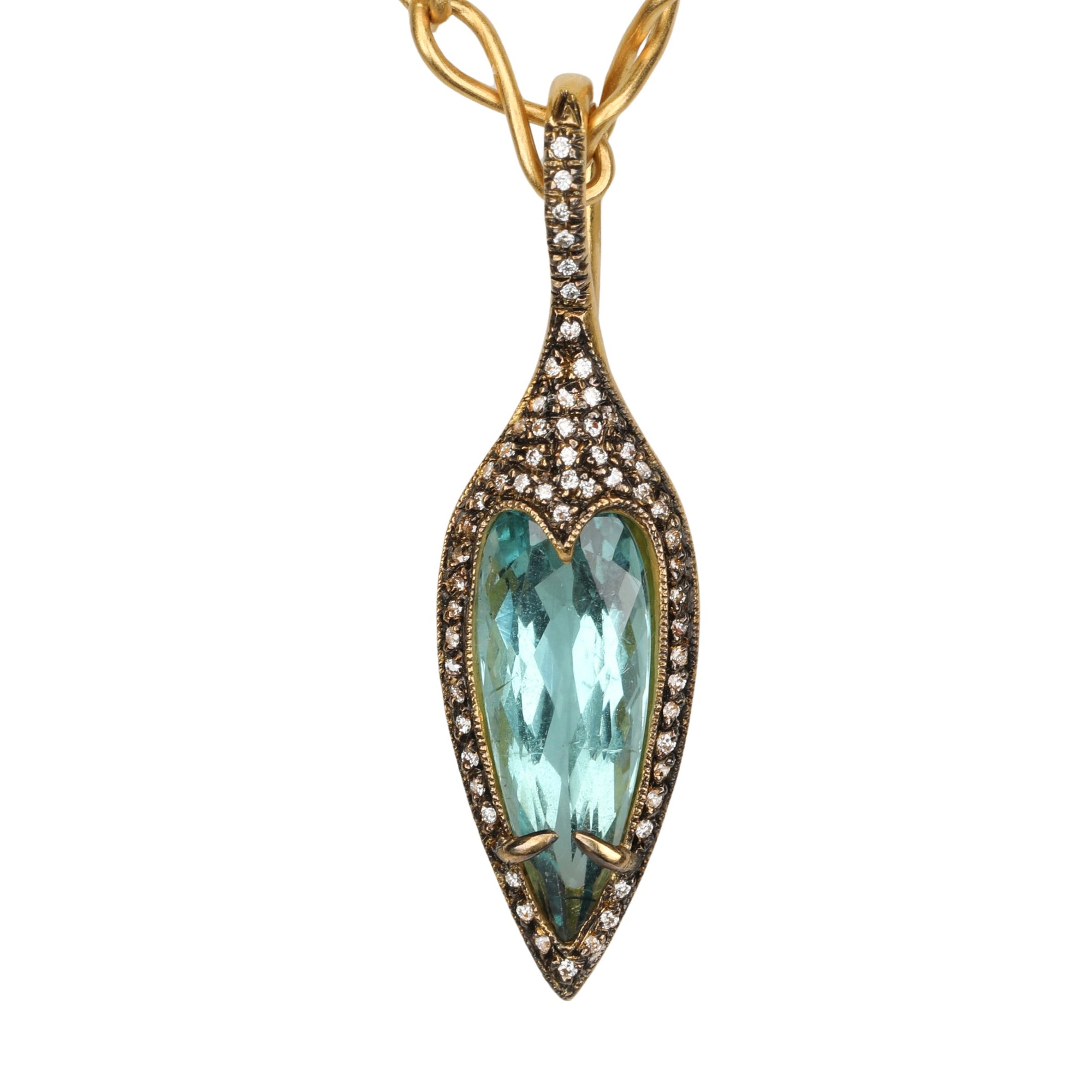 Elongated &quot;Jeweled Thorn&quot; Blue-Green Tourmaline Pendant with Diamonds - Peridot Fine Jewelry - Cathy Waterman