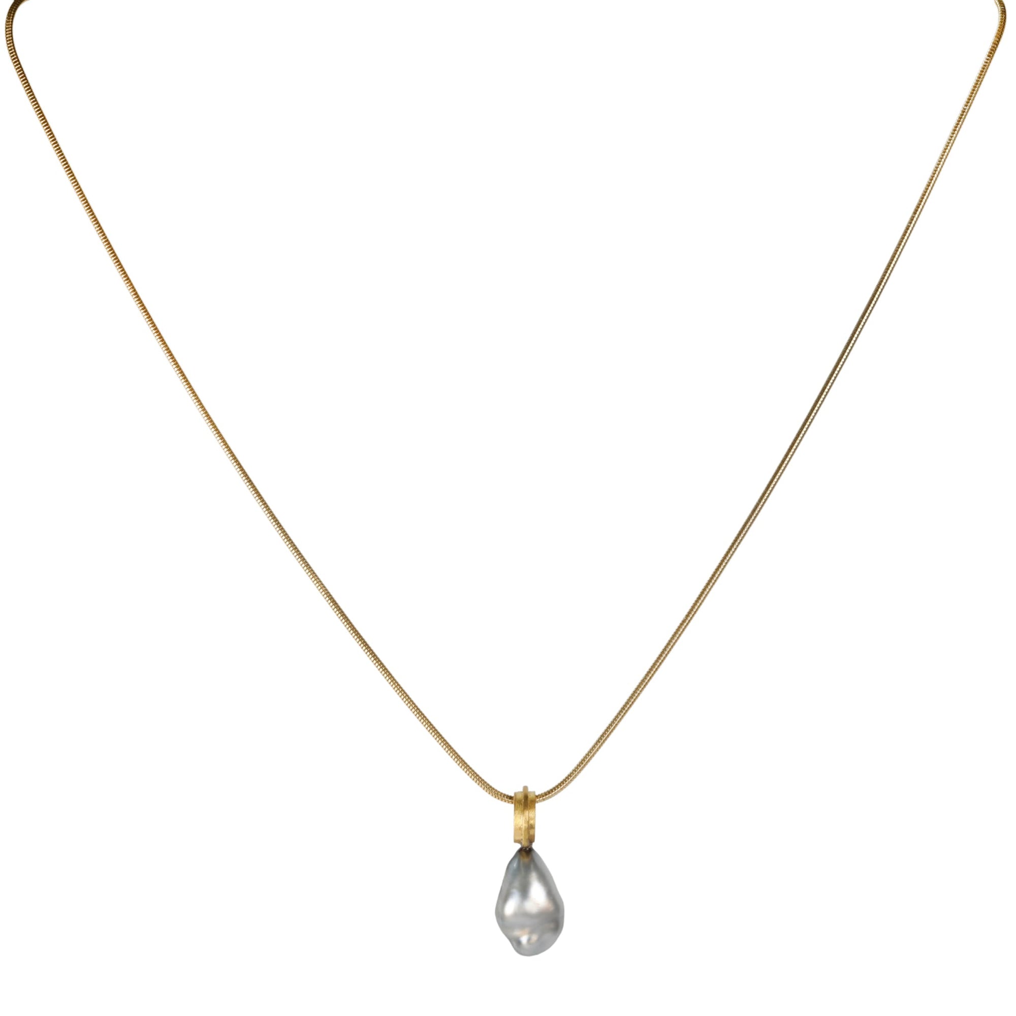 Elongated Organic Silver Keshi Pearl Drop Pendant - Peridot Fine Jewelry - Rosanne Pugliese