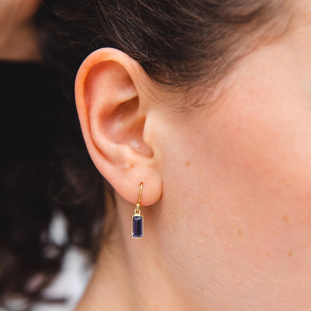 Extra Small Bezel-Set Iolite Baguette Earrings - Peridot Fine Jewelry - Kothari