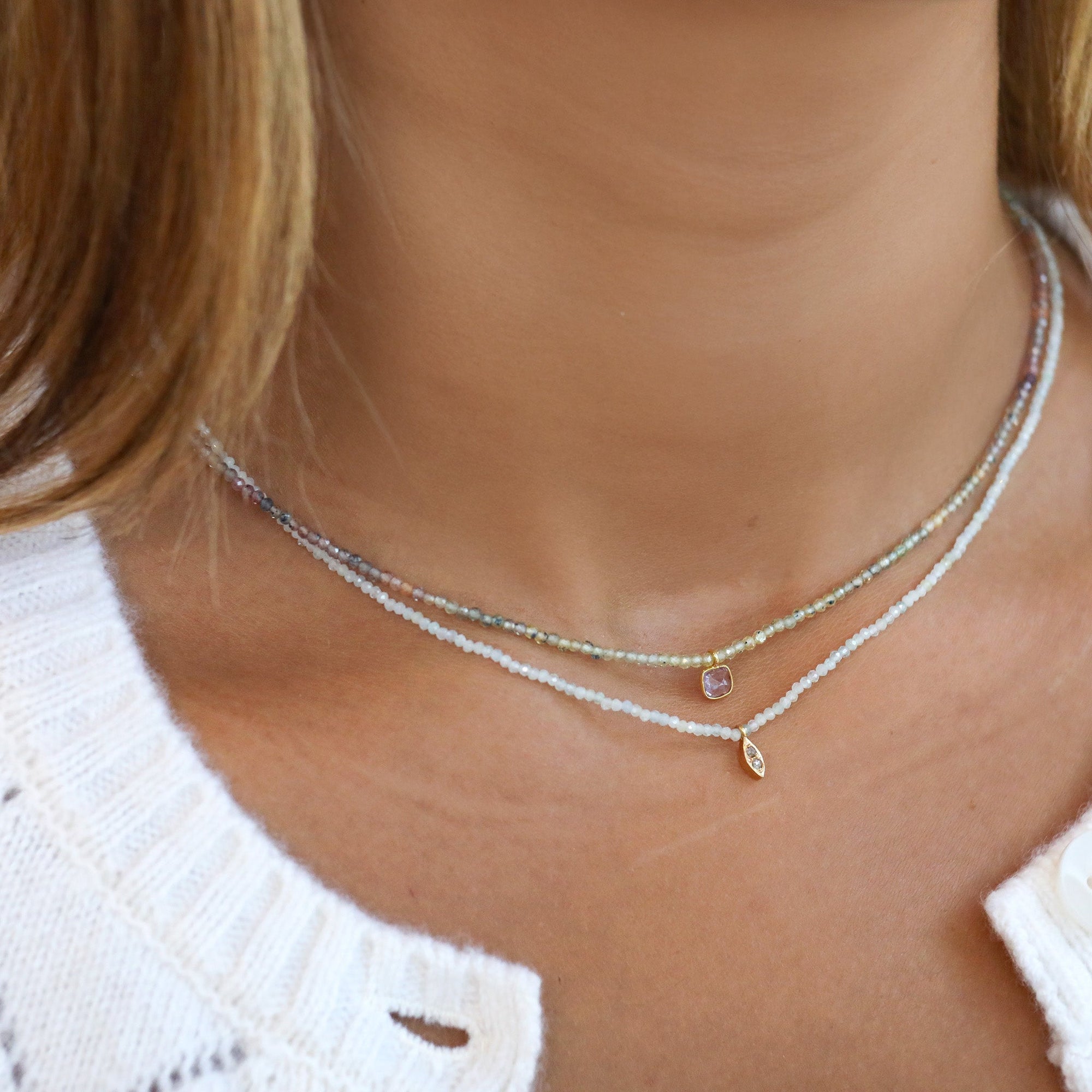 Faceted Aquamarine Beaded Necklace With 18K Marquise Diamond Charm - Peridot Fine Jewelry - Margaret Solow Jewelry