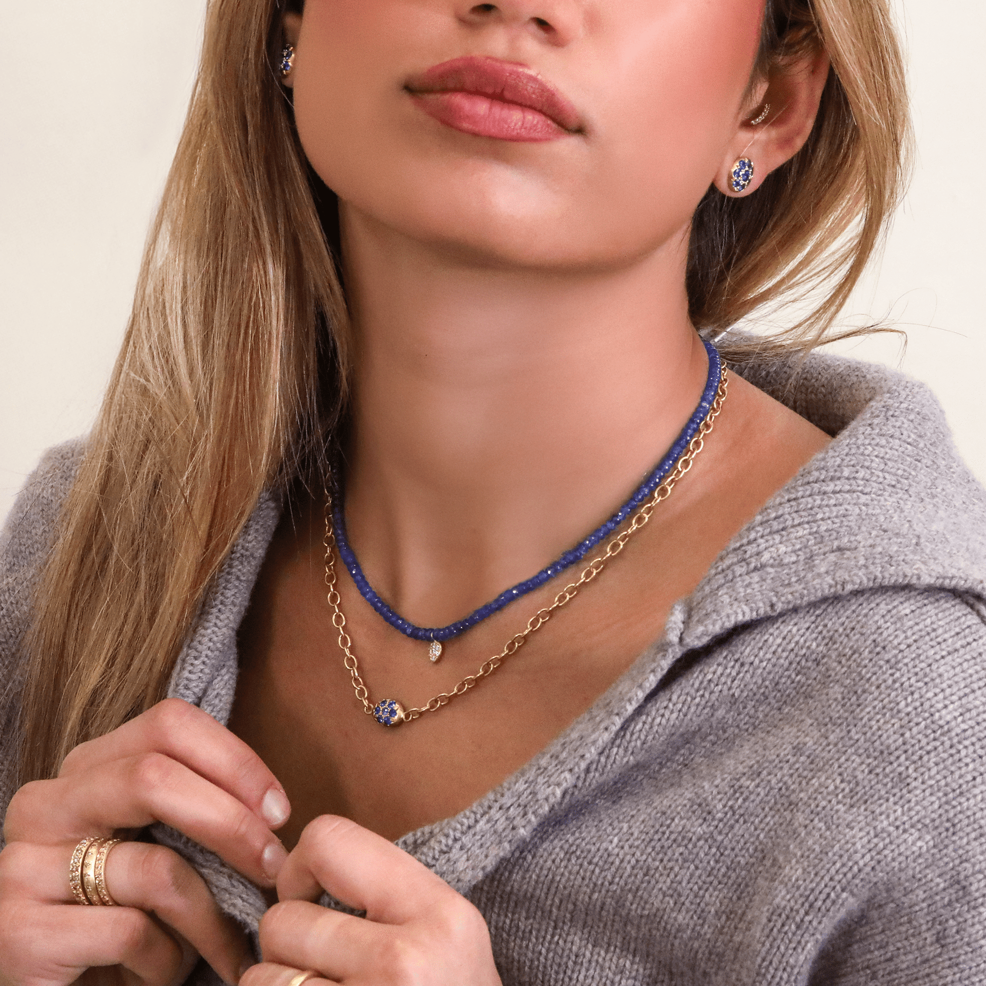 Faceted Beaded Blue Sapphire Necklace with 20K Pave Diamond Pear - Shaped Charm - Peridot Fine Jewelry - Caroline Ellen