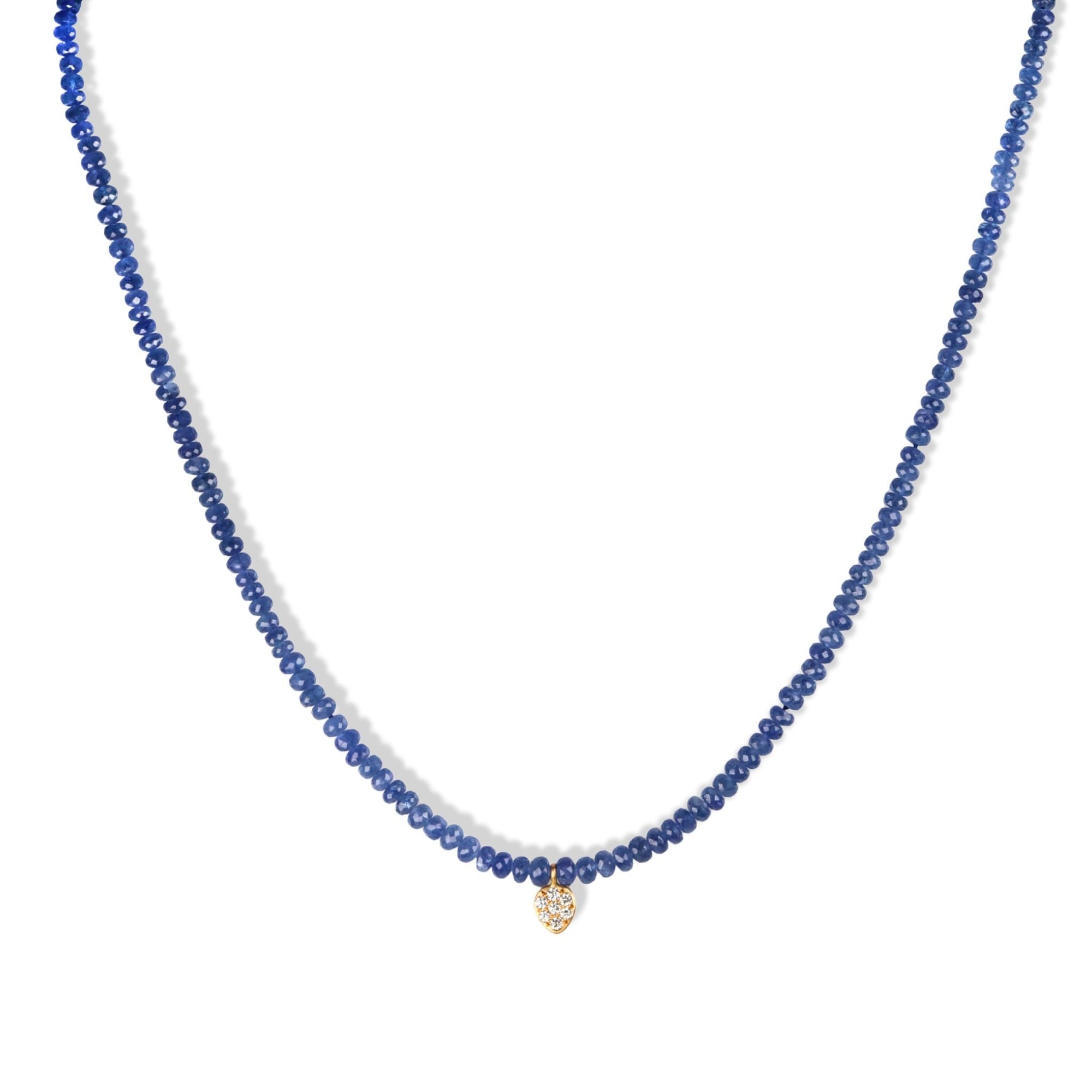 Faceted Beaded Blue Sapphire Necklace with 20K Pave Diamond Pear - Shaped Charm - Peridot Fine Jewelry - Caroline Ellen