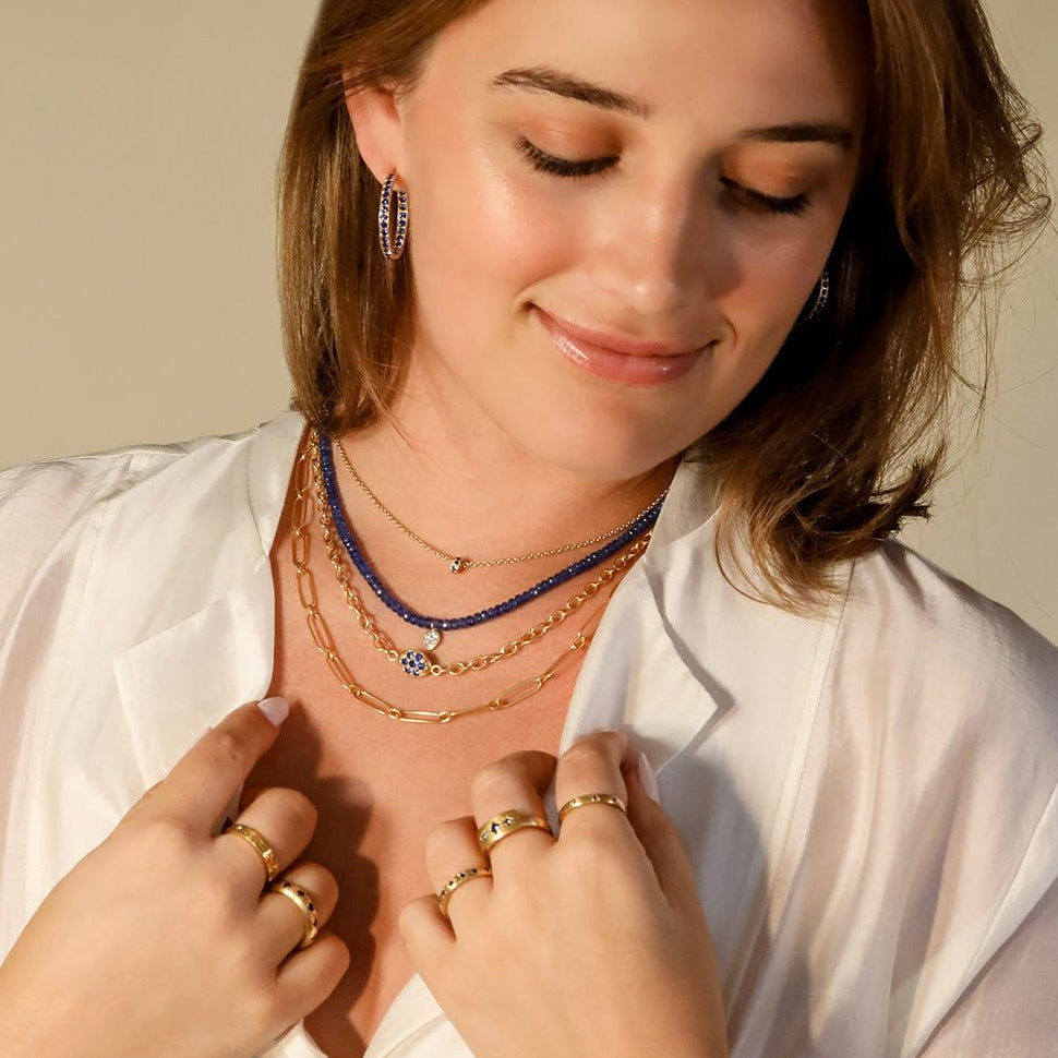 Faceted Beaded Blue Sapphire Necklace with 20K Pave Diamond Pear - Shaped Charm - Peridot Fine Jewelry - Caroline Ellen