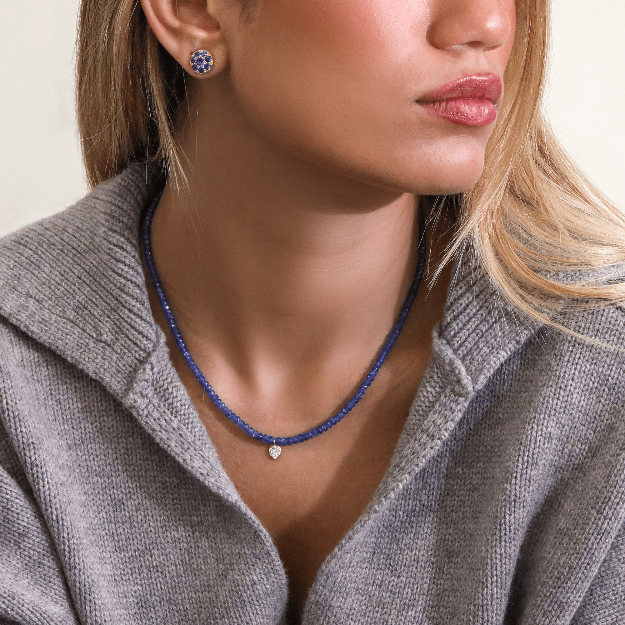 Faceted Beaded Blue Sapphire Necklace with 20K Pave Diamond Pear - Shaped Charm - Peridot Fine Jewelry - Caroline Ellen