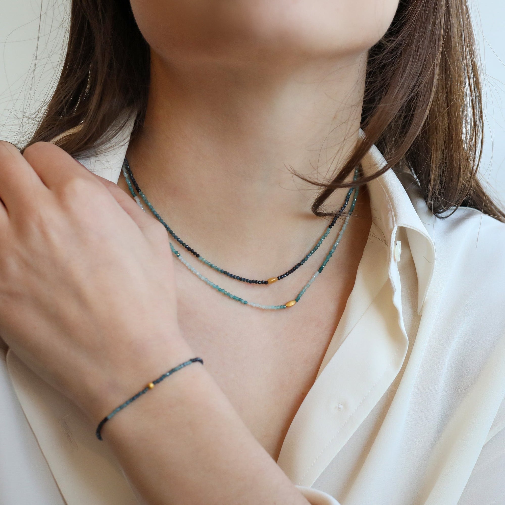 Faceted Blue Tourmaline Beaded Necklace with 18K Gold Marquise Bead &amp; Clasp - Peridot Fine Jewelry - Margaret Solow Jewelry