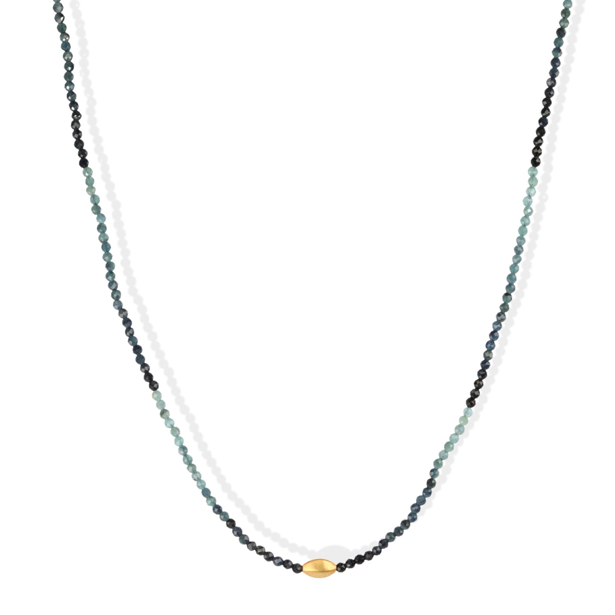 Faceted Blue Tourmaline Beaded Necklace with 18K Gold Marquise Bead &amp; Clasp - Peridot Fine Jewelry - Margaret Solow Jewelry