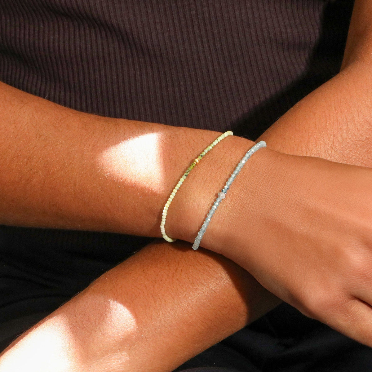 Faceted Blue Zircon Beaded Bracelet with Center Grey Diamond Bead - Peridot Fine Jewelry - Margaret Solow Jewelry