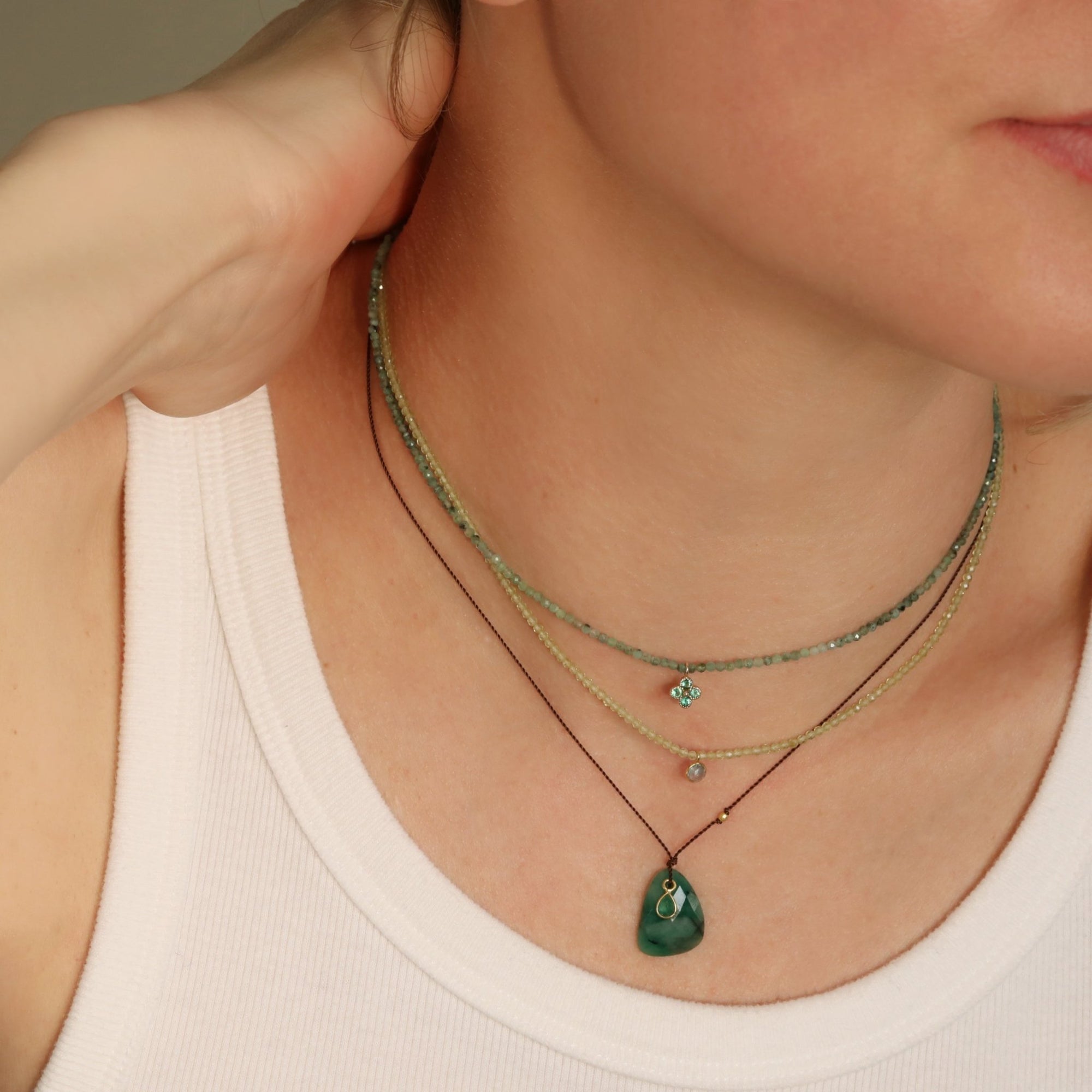 Faceted Emerald Beaded Necklace with 14K Bezel Set Emerald Quad Flower Charm - Peridot Fine Jewelry - Margaret Solow Jewelry