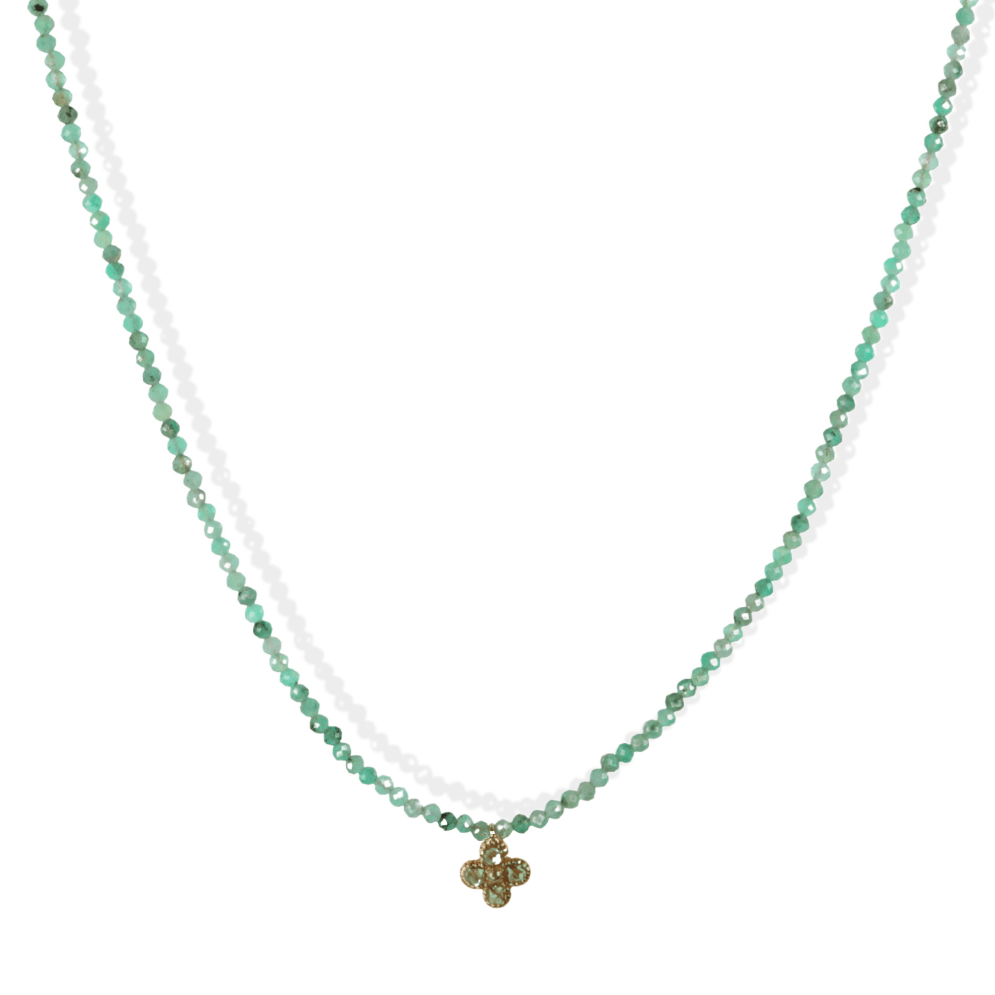 Faceted Emerald Beaded Necklace with 14K Bezel Set Emerald Quad Flower Charm - Peridot Fine Jewelry - Margaret Solow Jewelry