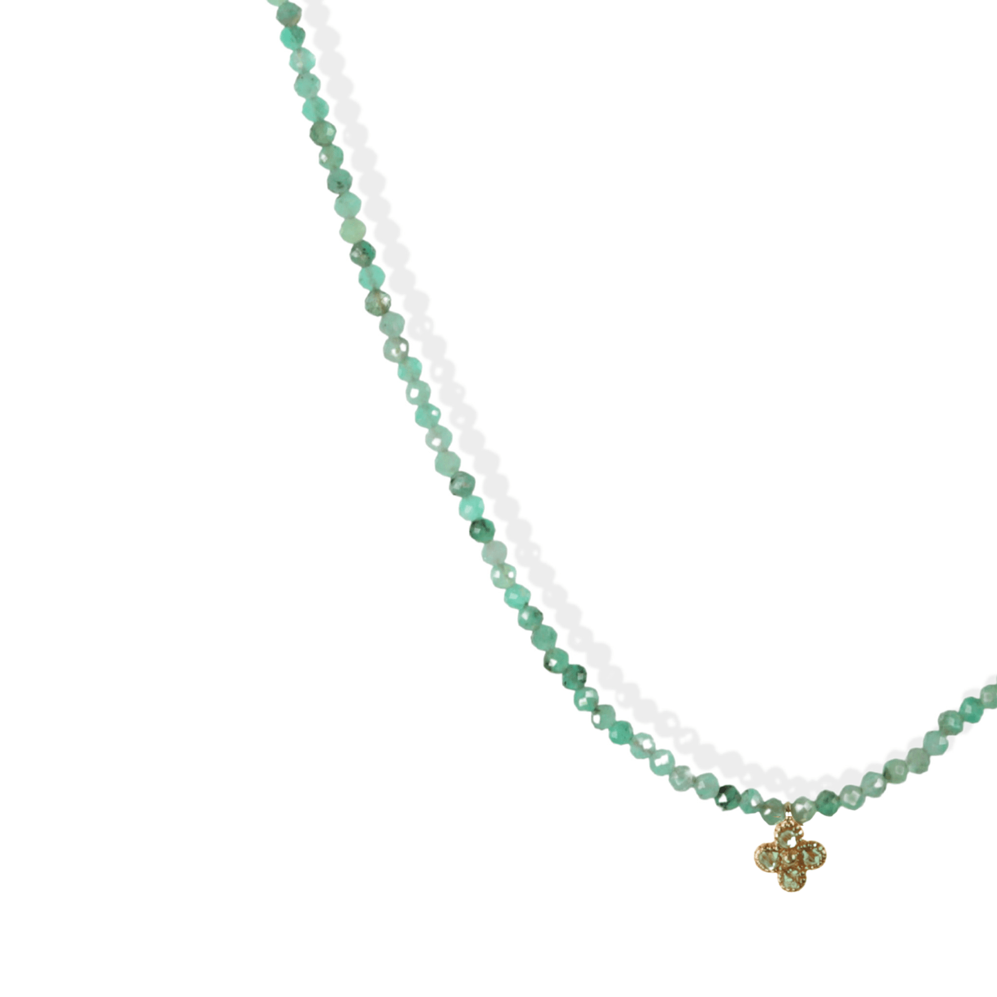 Faceted Emerald Beaded Necklace with 14K Bezel Set Emerald Quad Flower Charm - Peridot Fine Jewelry - Margaret Solow Jewelry