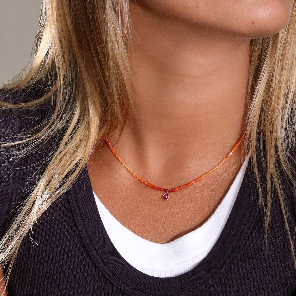 Faceted Fire Opal Beaded Necklace with 18K Bezel-Set Teardrop Ruby Charm - Peridot Fine Jewelry - Margaret Solow Jewelry