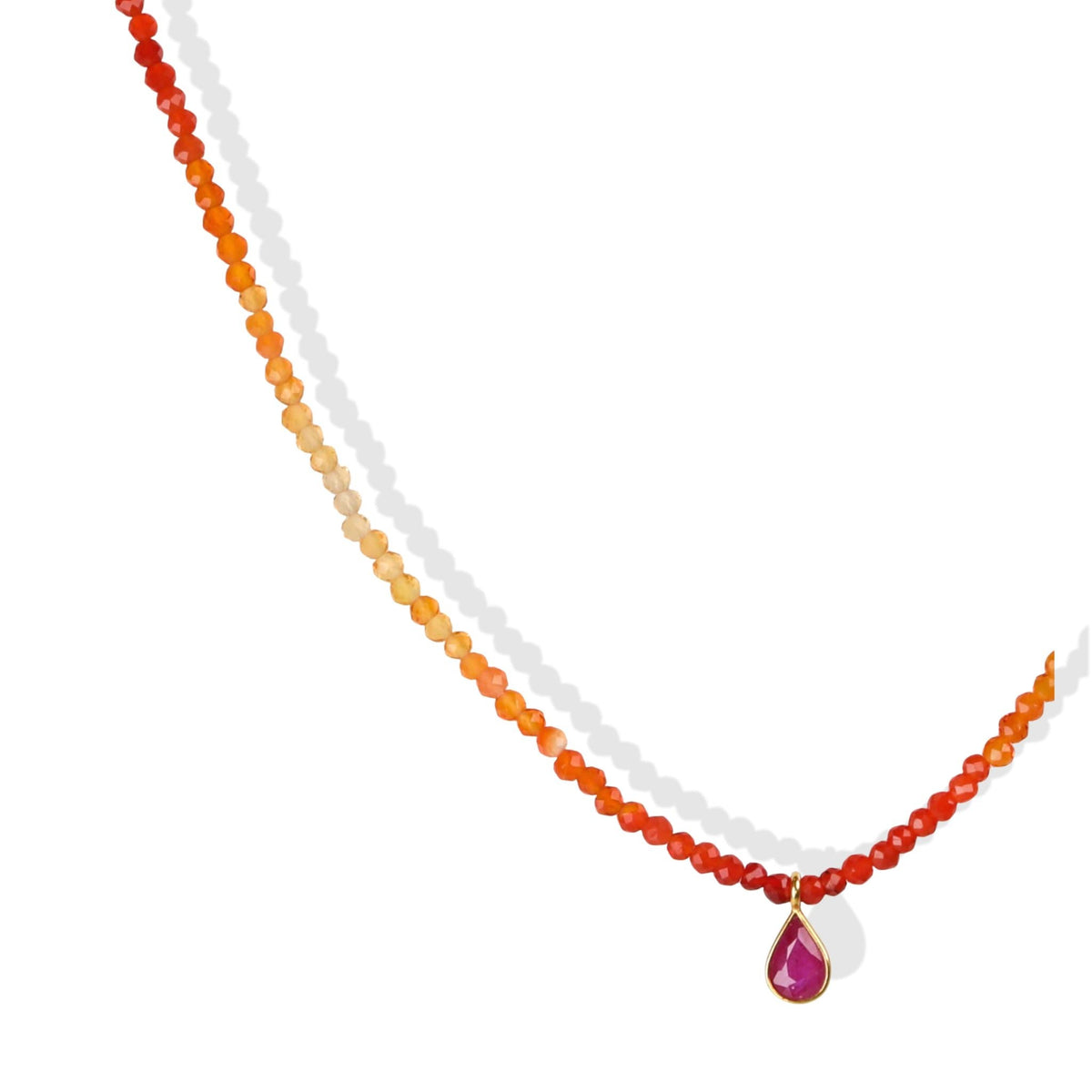 Faceted Fire Opal Beaded Necklace with 18K Bezel-Set Teardrop Ruby Charm - Peridot Fine Jewelry - Margaret Solow Jewelry
