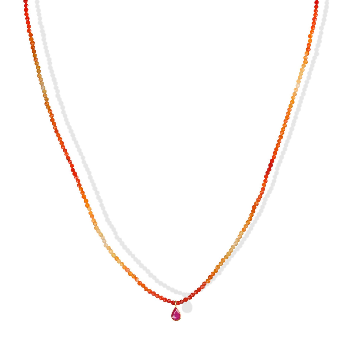 Faceted Fire Opal Beaded Necklace with 18K Bezel-Set Teardrop Ruby Charm - Peridot Fine Jewelry - Margaret Solow Jewelry