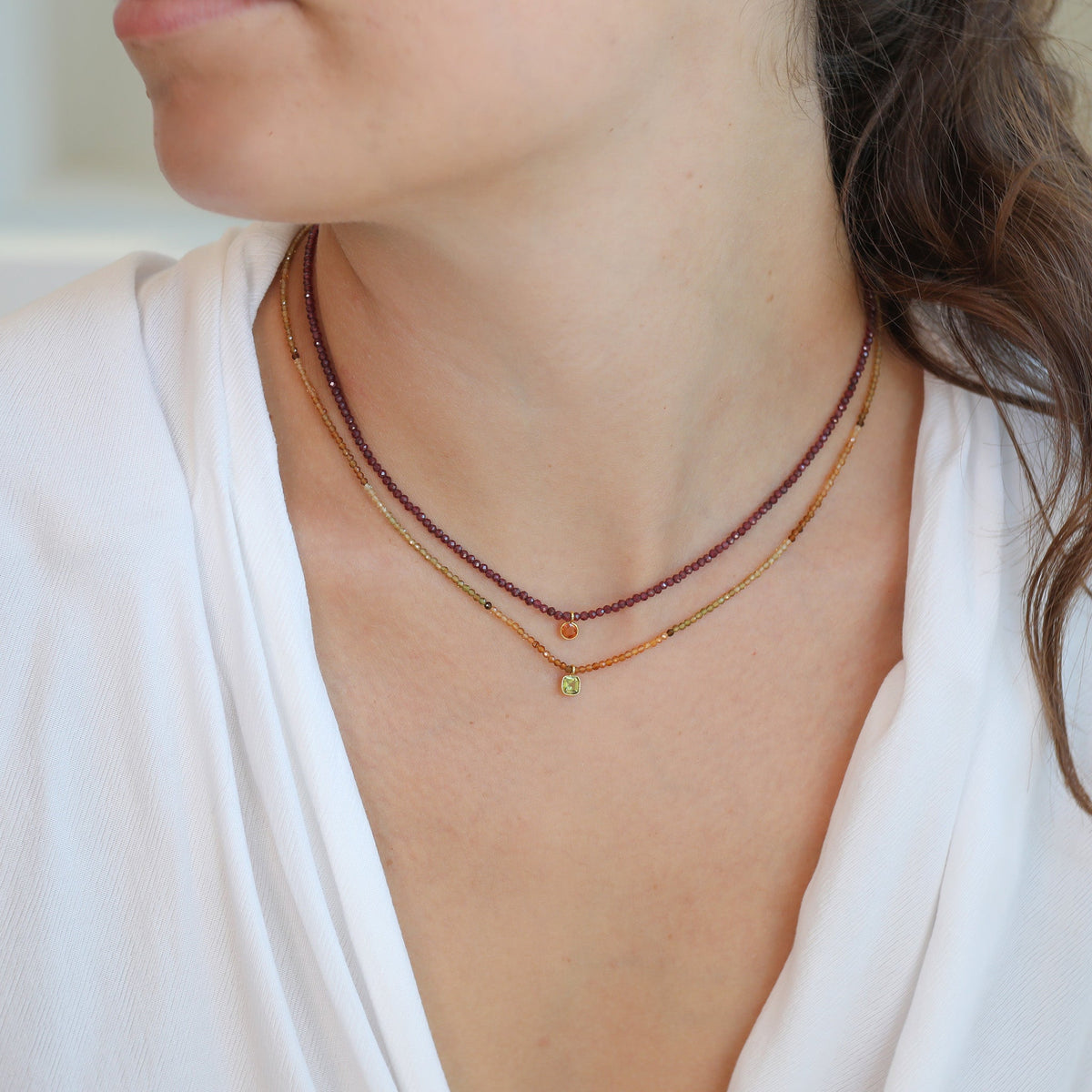 Faceted Garnet Beaded Necklace with 18K Bezel - Set Orange Sapphire Charm - Peridot Fine Jewelry - Margaret Solow Jewelry