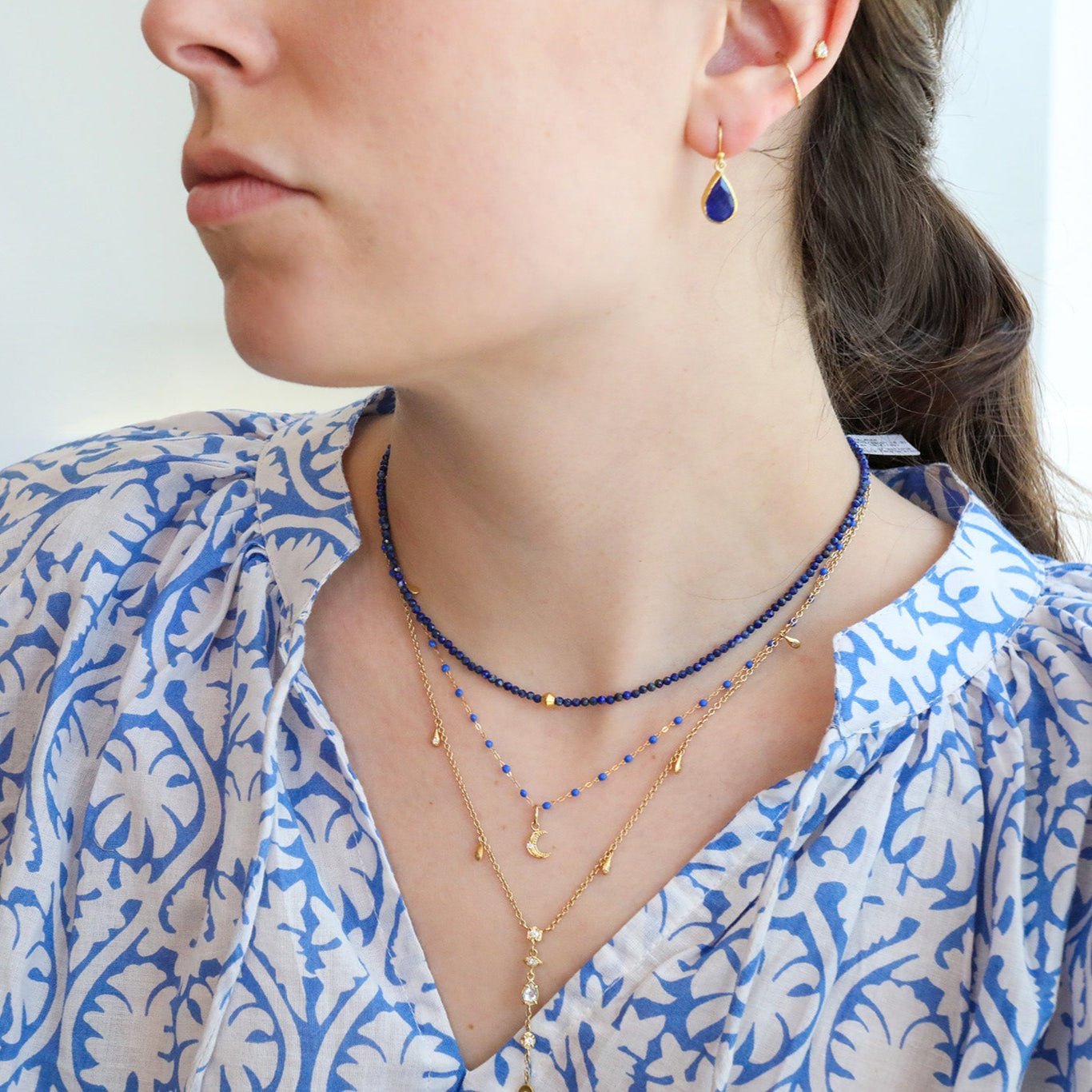 Faceted Lapis Beaded Necklace with 18K Rounded Rhombus Bead - Peridot Fine Jewelry - Margaret Solow Jewelry