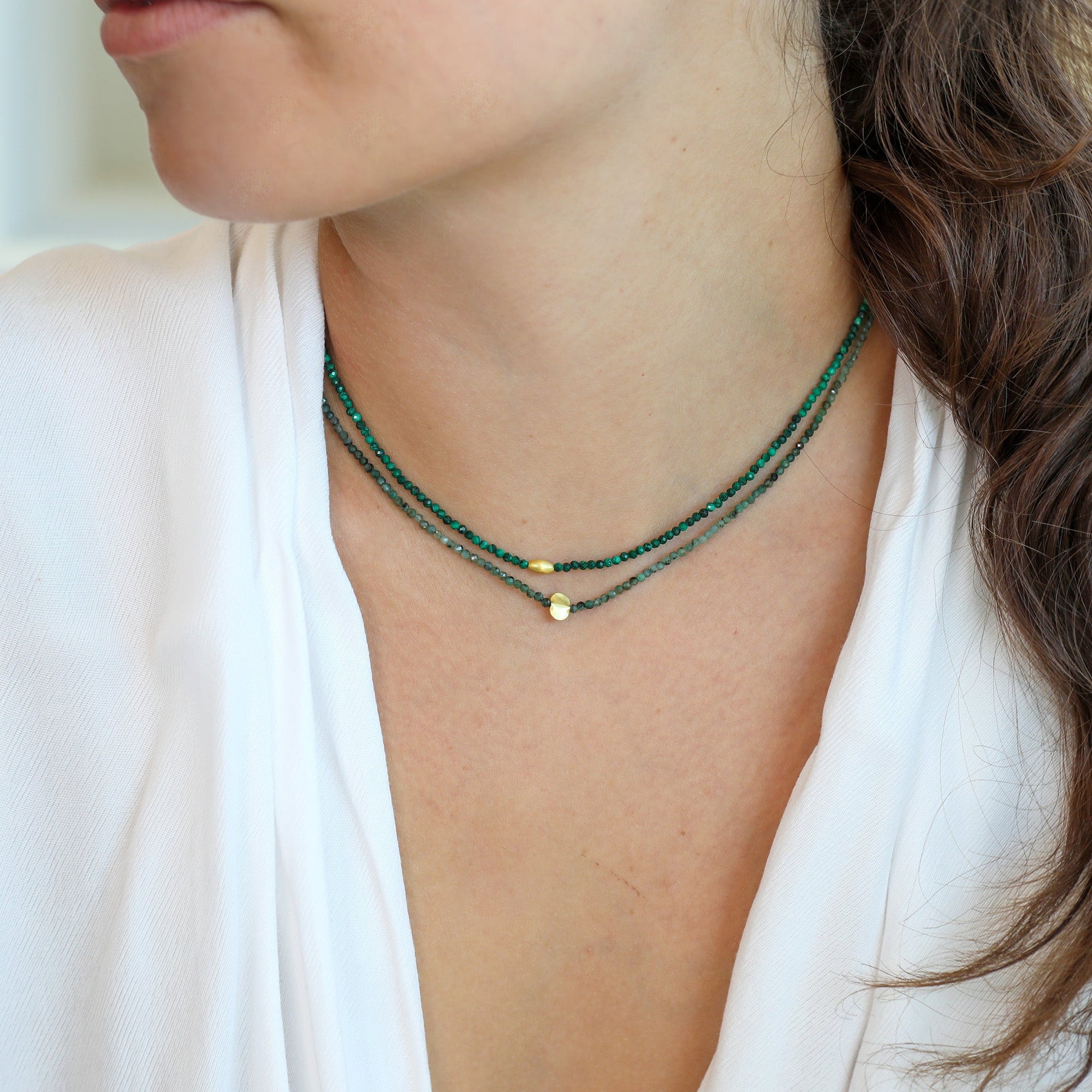 Faceted Malachite Beaded Necklace With 18K Smooth Marquise Bead - Peridot Fine Jewelry - Margaret Solow Jewelry