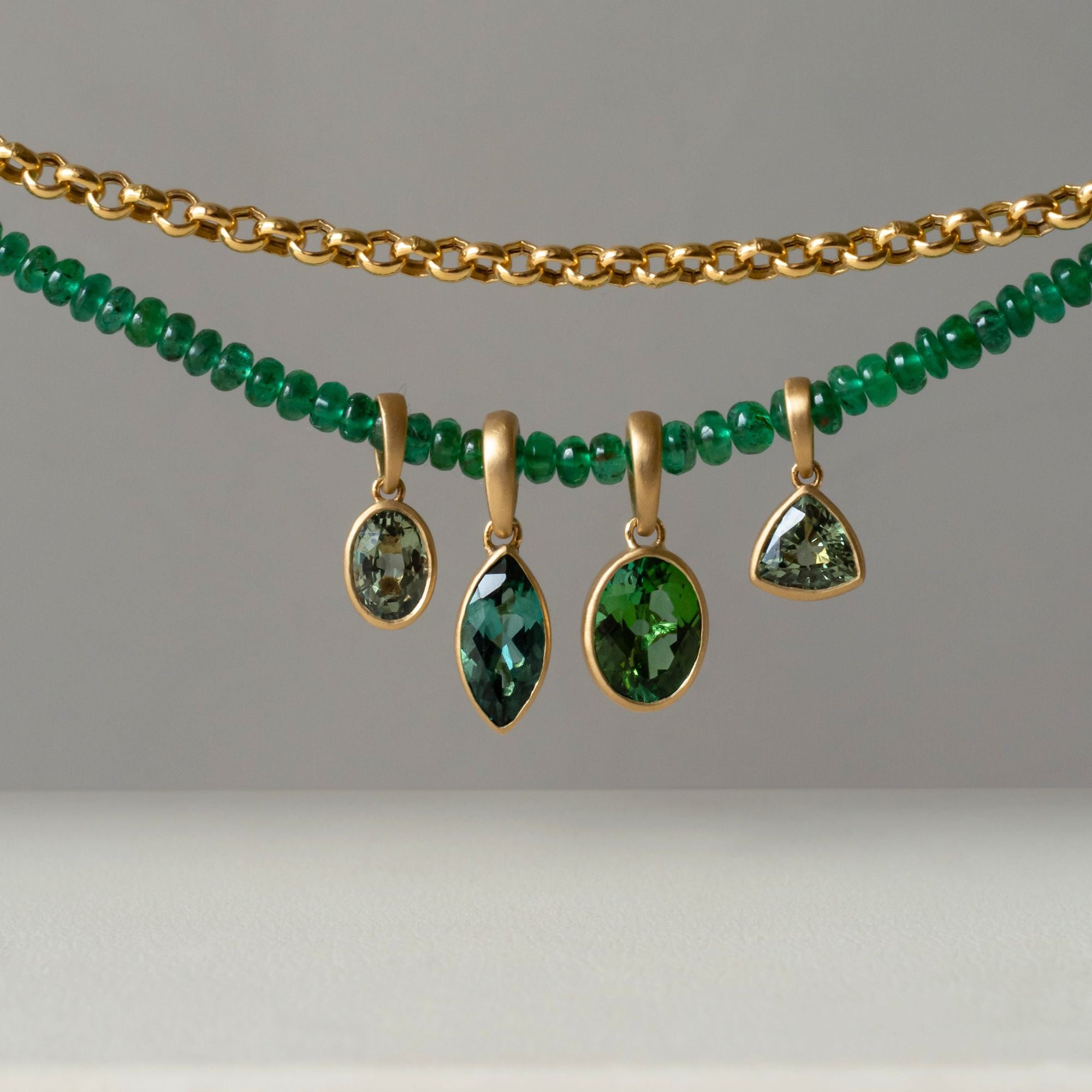 Faceted Marquise "Archive" 18K Bezel - Set Teal Blue - Green Tourmaline Charm - Peridot Fine Jewelry - Anne Sportun