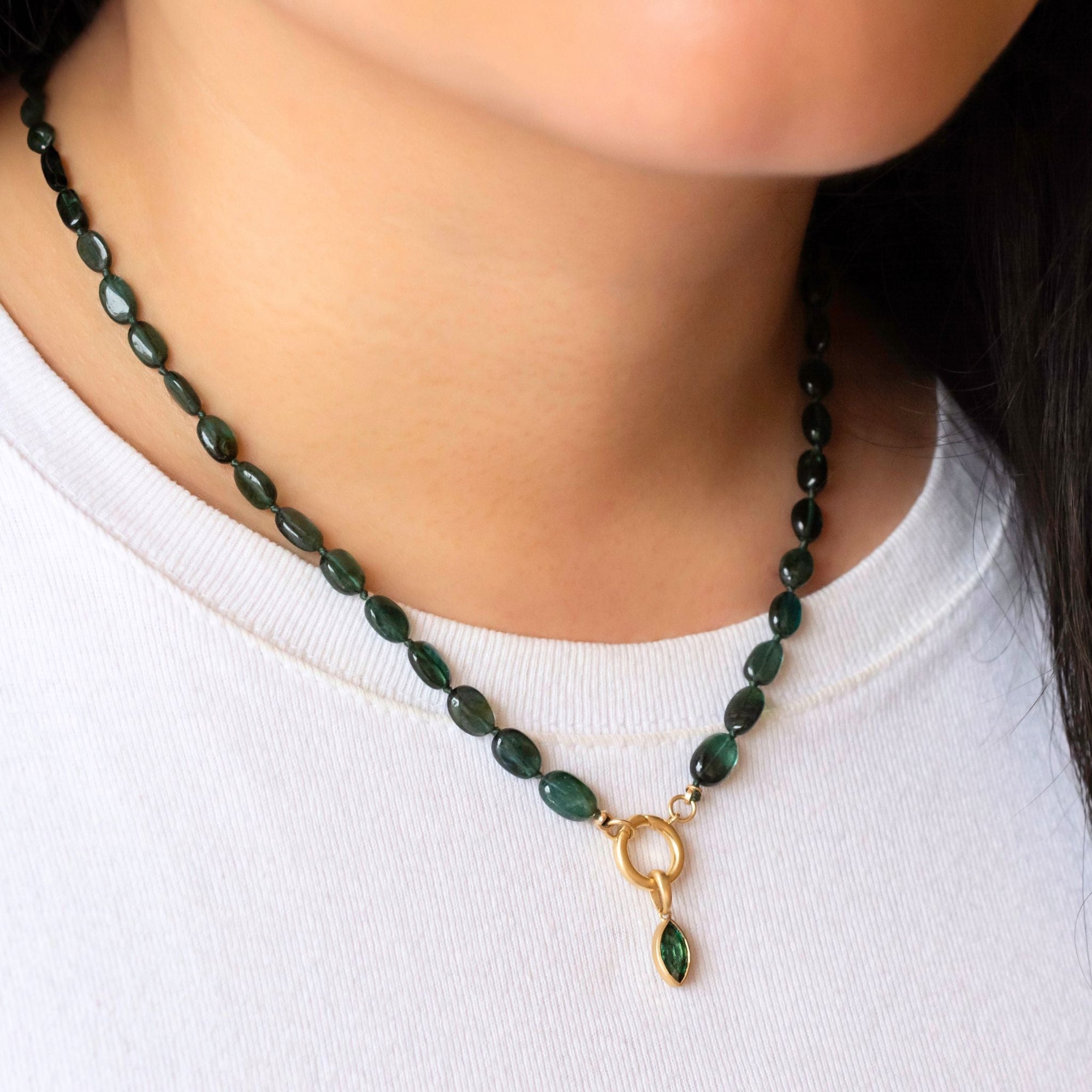 Faceted Marquise "Archive" 18K Bezel - Set Teal Blue - Green Tourmaline Charm - Peridot Fine Jewelry - Anne Sportun