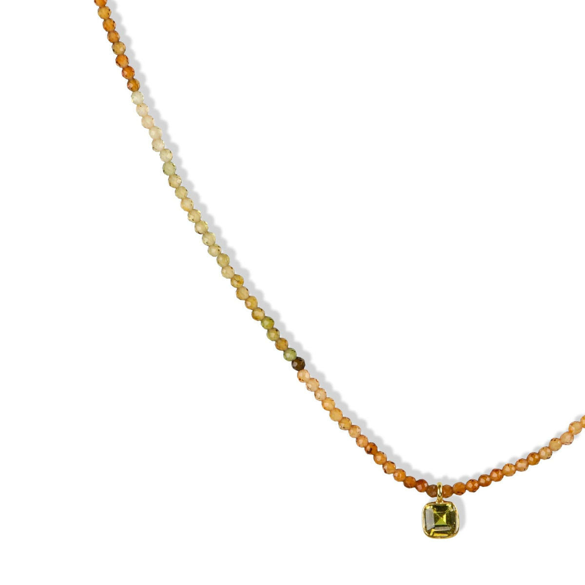 Faceted Mixed Tourmaline Beaded Necklace with 18K Bezel - Set Square Yellowish Green Sapphire Charm - Peridot Fine Jewelry - Margaret Solow Jewelry