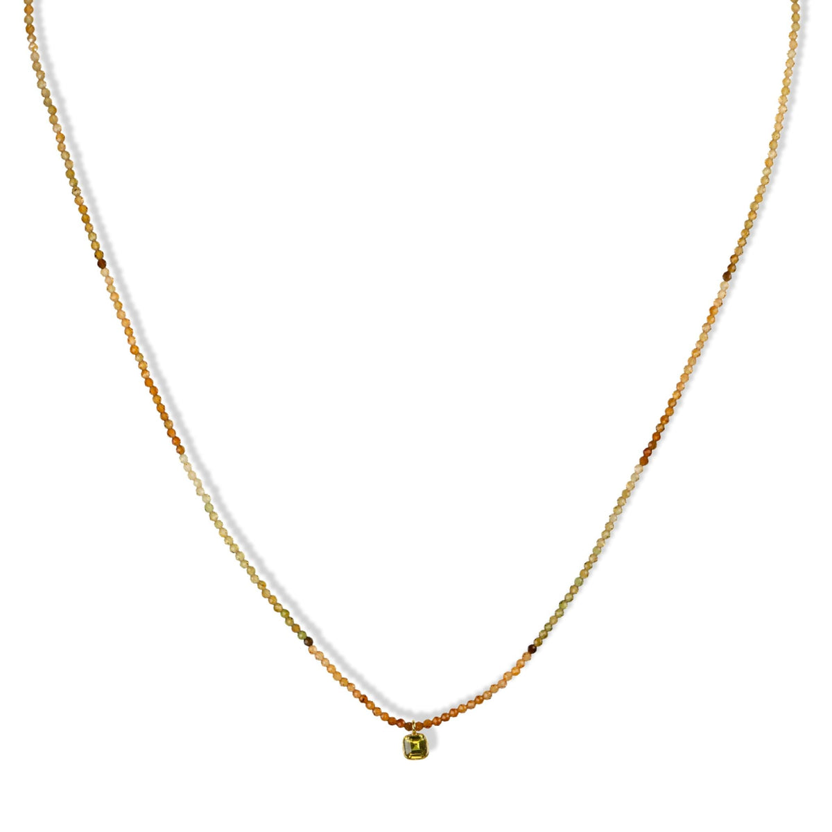 Faceted Mixed Tourmaline Beaded Necklace with 18K Bezel - Set Square Yellowish Green Sapphire Charm - Peridot Fine Jewelry - Margaret Solow Jewelry
