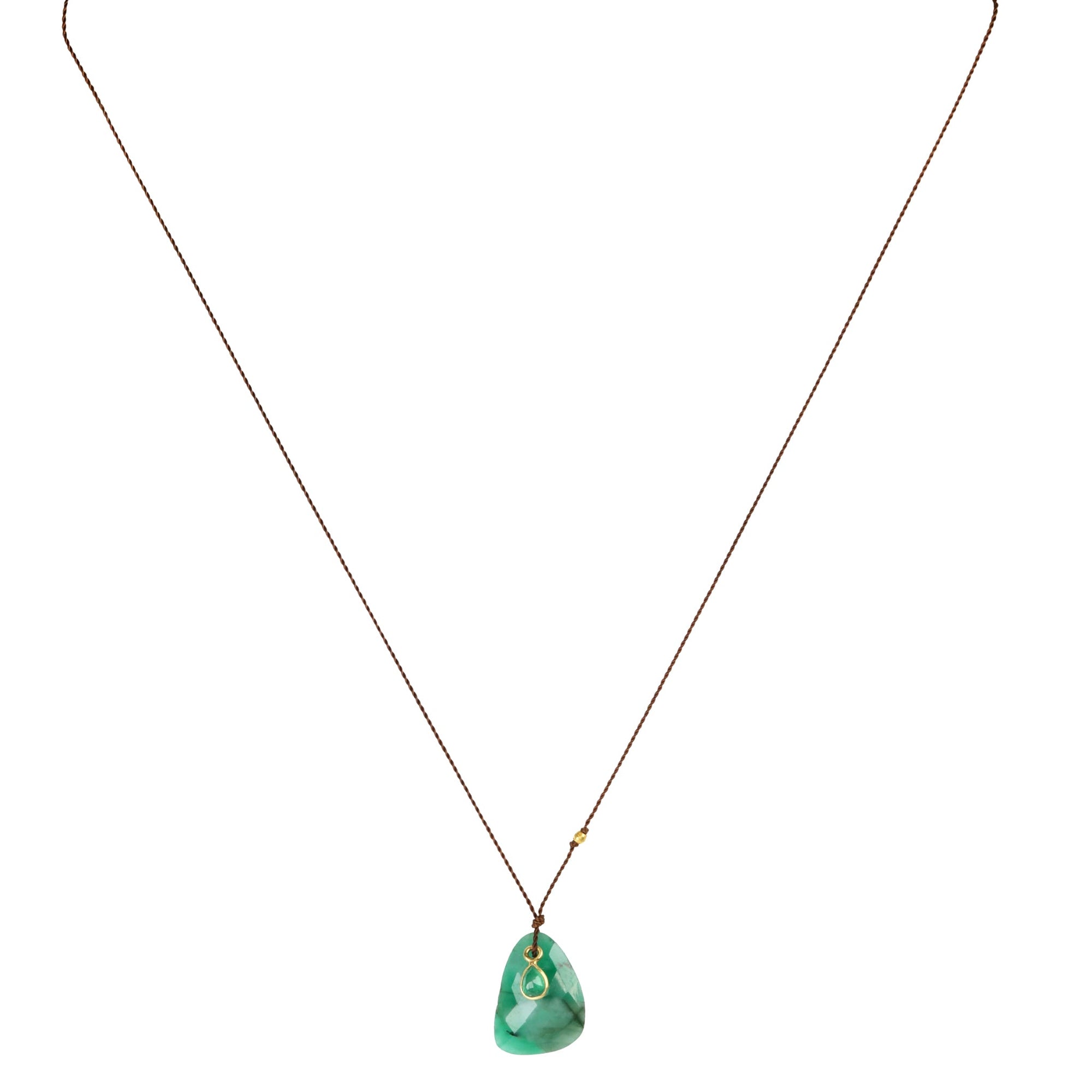 Faceted Natural Emerald Pendant Necklace with 18K Bezel - Set Emerald Detail on Brown Cord - Peridot Fine Jewelry - Margaret Solow Jewelry