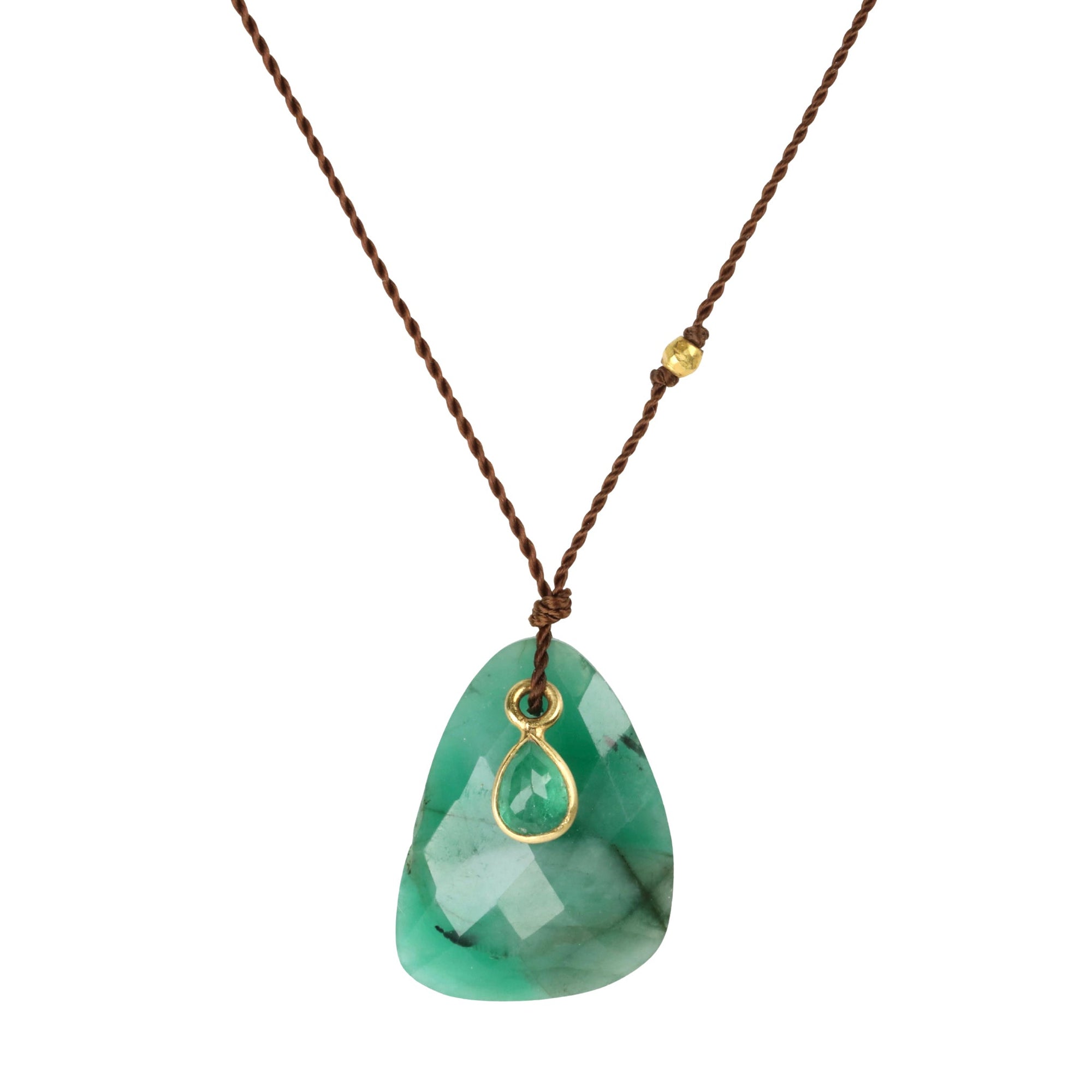 Faceted Natural Emerald Pendant Necklace with 18K Bezel - Set Emerald Detail on Brown Cord - Peridot Fine Jewelry - Margaret Solow Jewelry