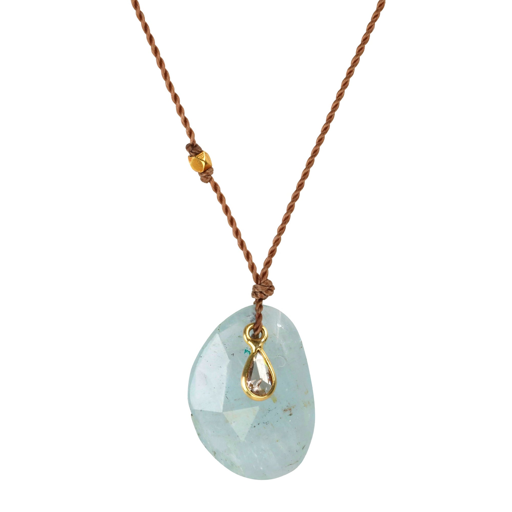 Faceted Oval Aquamarine Pendant Necklace with 18K Bezel - Set Teardrop Diamond Detail on Brown Cord - Peridot Fine Jewelry - Margaret Solow Jewelry