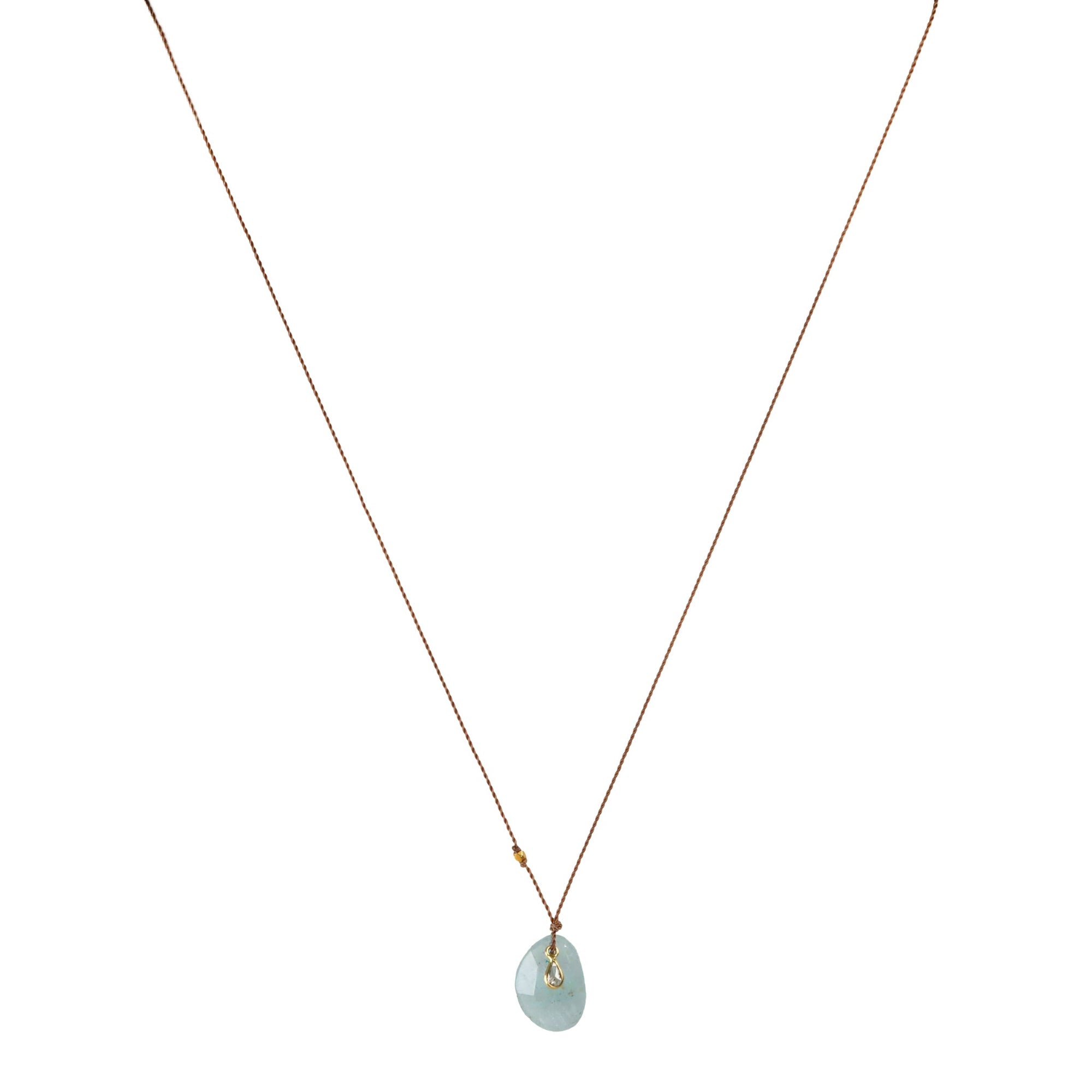 Faceted Oval Aquamarine Pendant Necklace with 18K Bezel - Set Teardrop Diamond Detail on Brown Cord - Peridot Fine Jewelry - Margaret Solow Jewelry