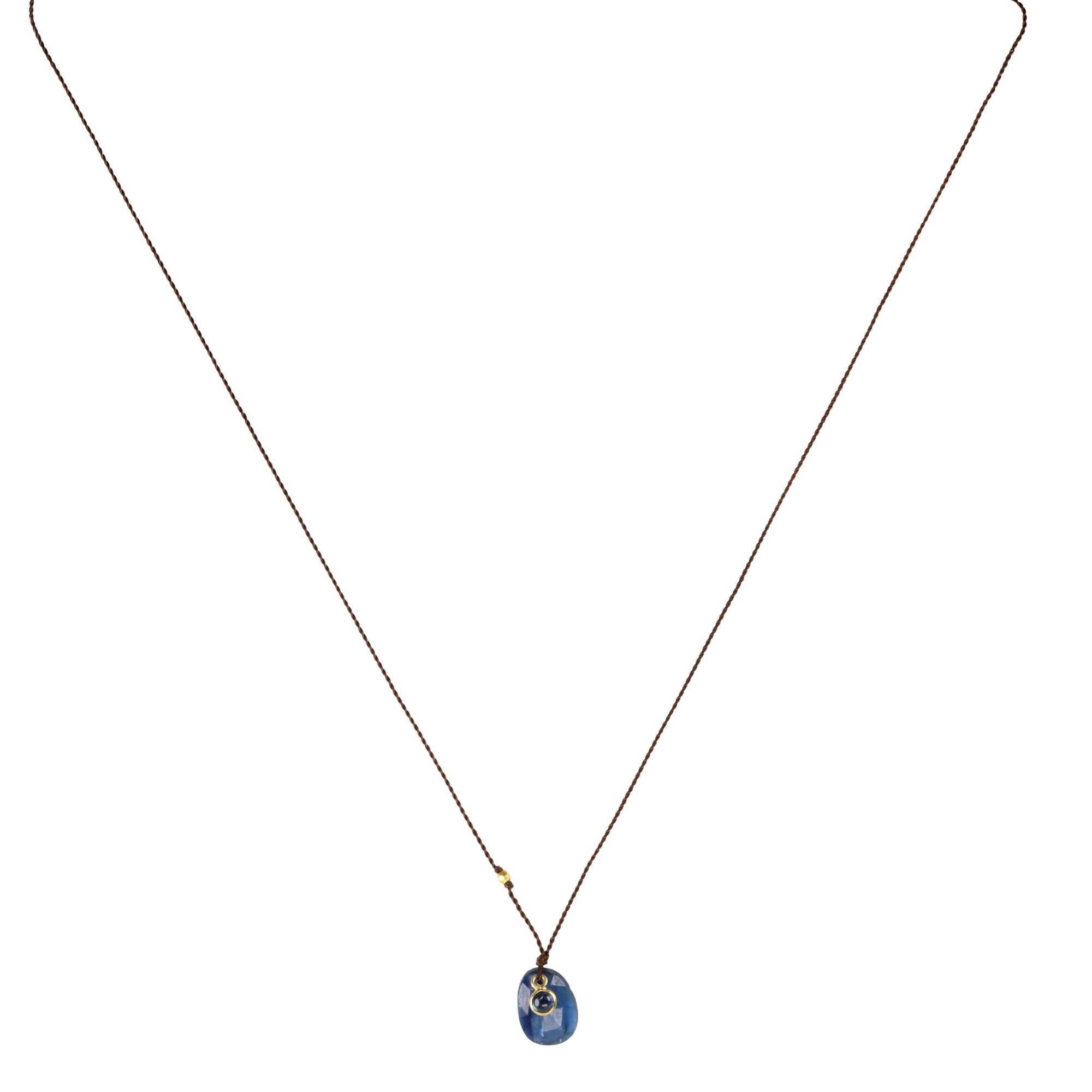 Faceted Oval Kyanite Pendant Necklace with 18K Bezel - Set Cabochon Blue Sapphire Detail on Brown Cord - Peridot Fine Jewelry - Margaret Solow Jewelry