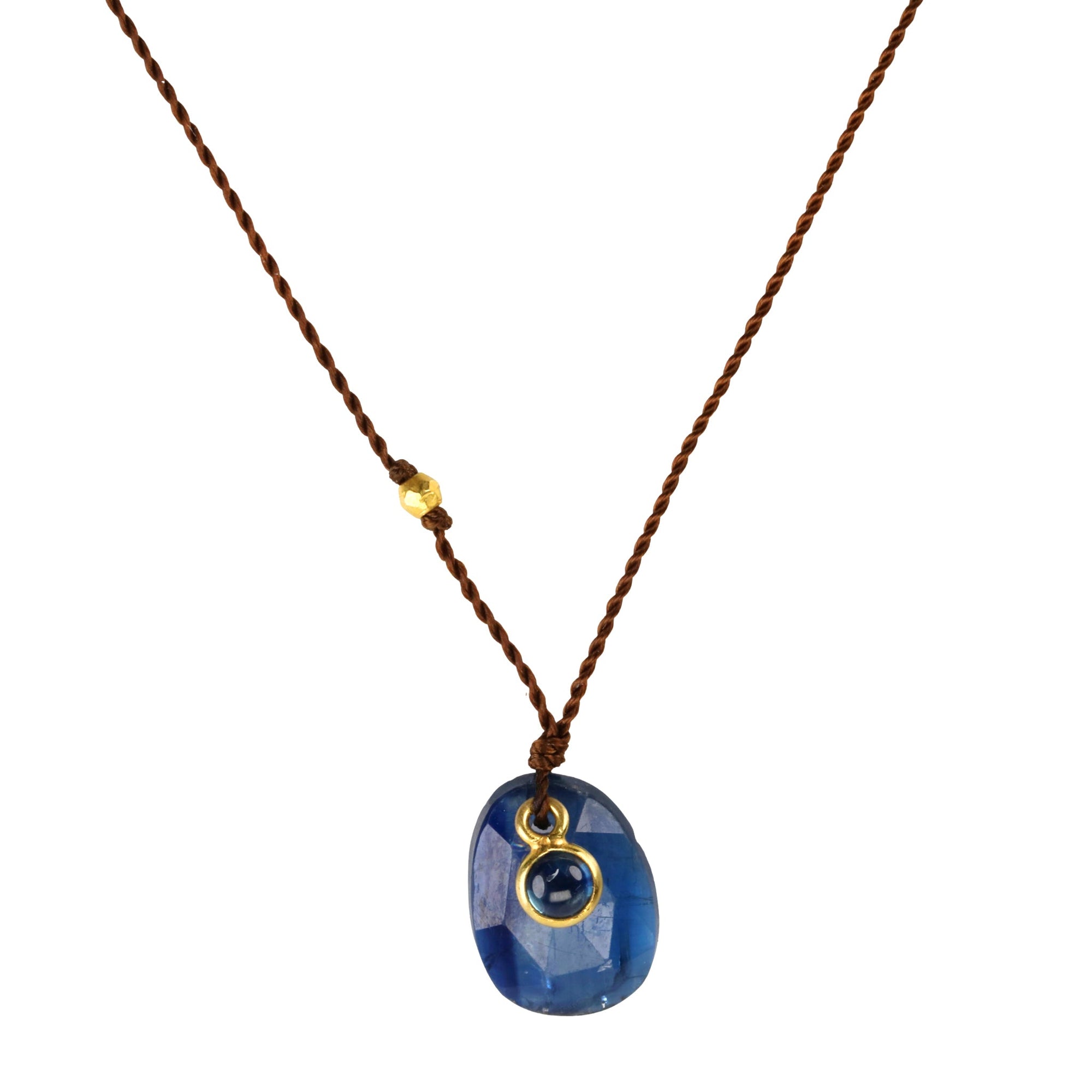 Faceted Oval Kyanite Pendant Necklace with 18K Bezel - Set Cabochon Blue Sapphire Detail on Brown Cord - Peridot Fine Jewelry - Margaret Solow Jewelry