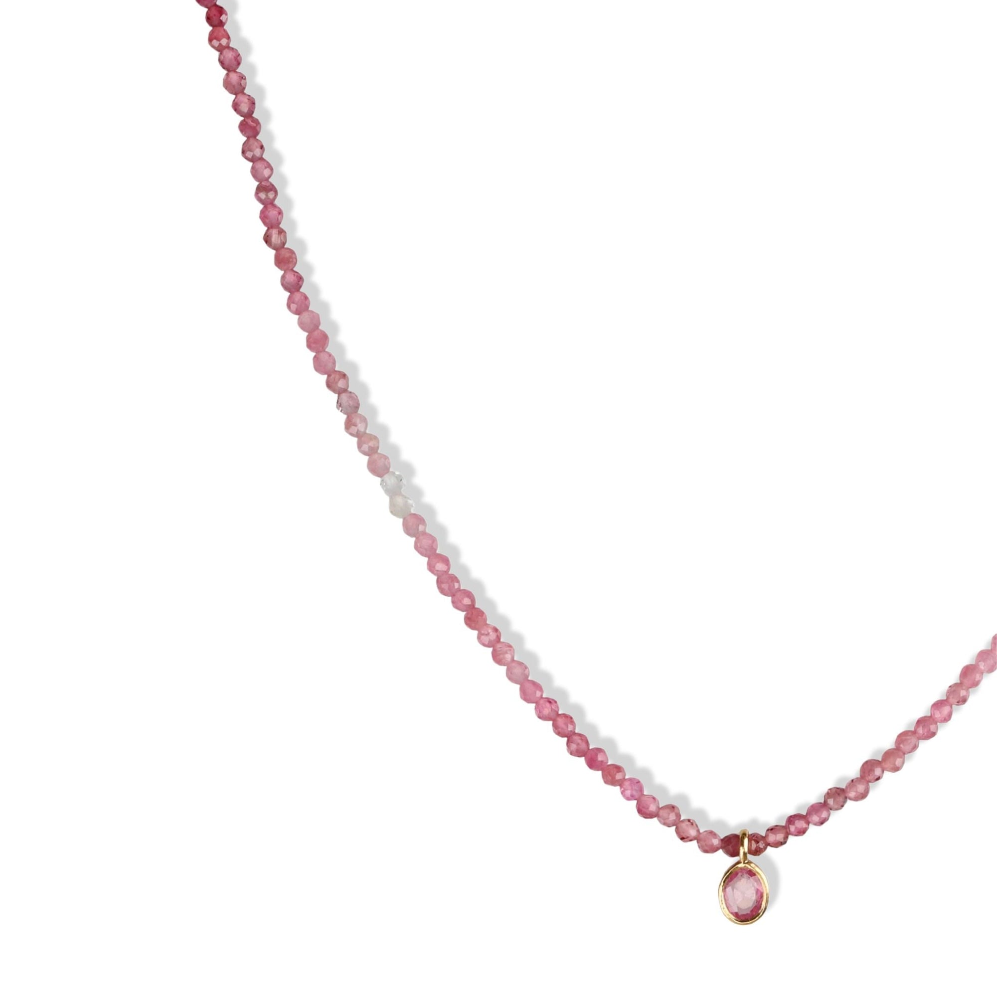 Faceted Pink Tourmaline Beaded Necklace with 18K Bezel - Set Pink Sapphire Charm - Peridot Fine Jewelry - Margaret Solow Jewelry