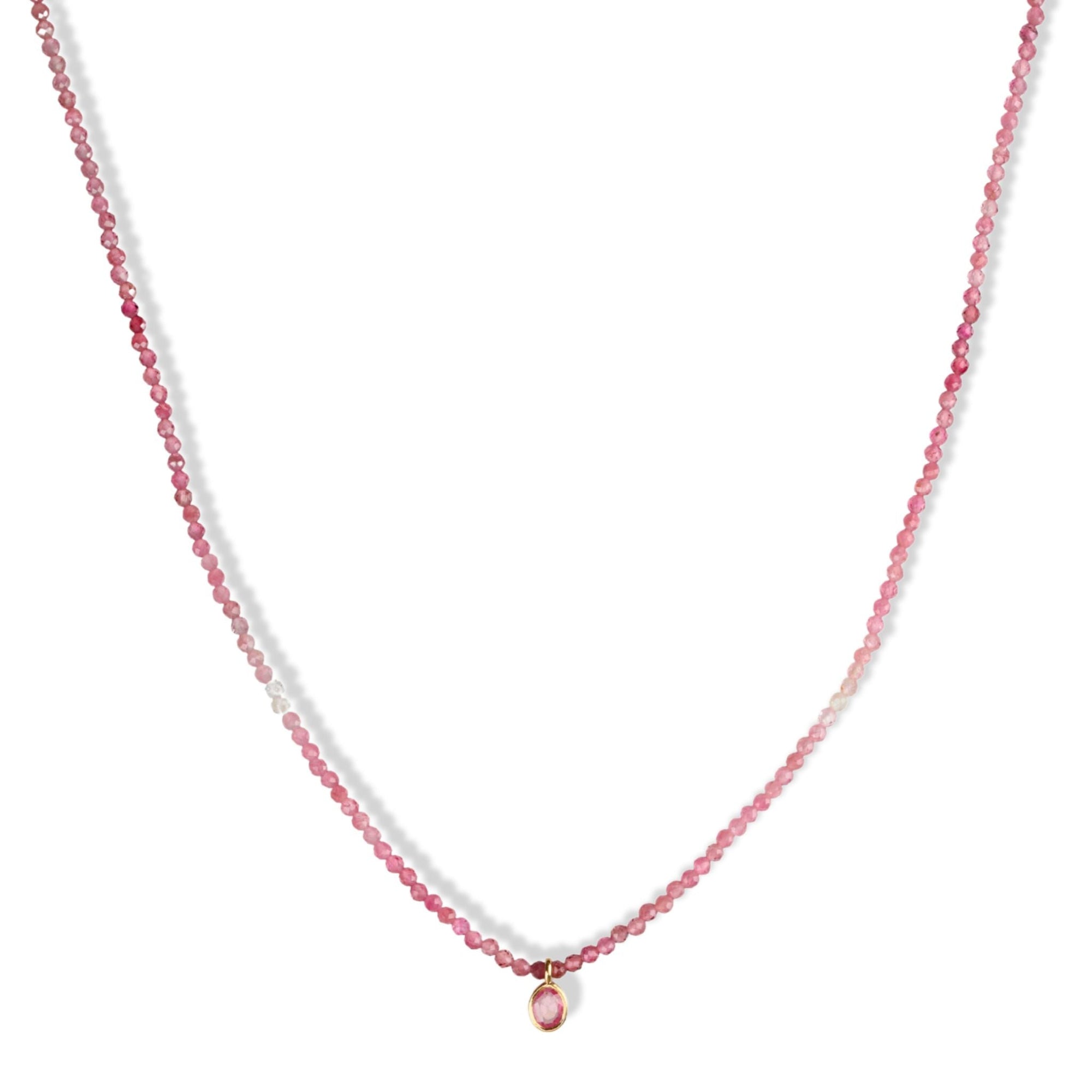Faceted Pink Tourmaline Beaded Necklace with 18K Bezel - Set Pink Sapphire Charm - Peridot Fine Jewelry - Margaret Solow Jewelry