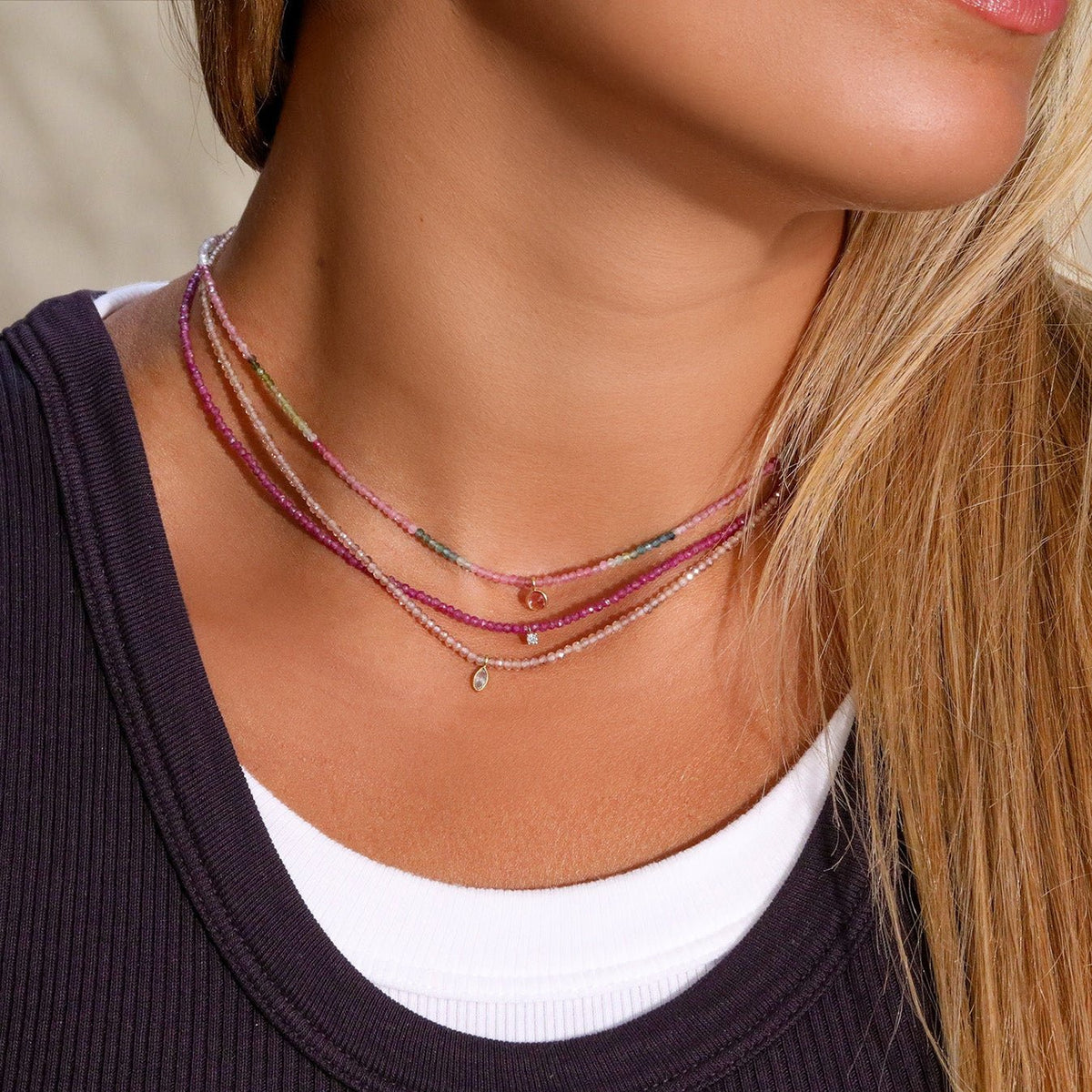 Faceted Ruby Beaded Necklace with 18K Prong-Set Diamond Charm - Peridot Fine Jewelry - Margaret Solow Jewelry