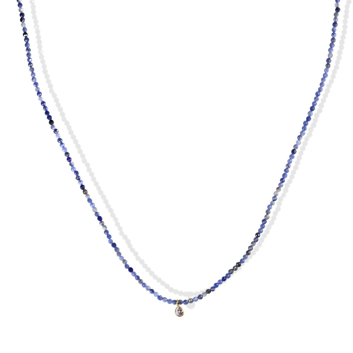 Faceted Sodalite Beaded Necklace with 18K Bezel-Set Teardrop Sapphire Charm - Peridot Fine Jewelry - Margaret Solow Jewelry