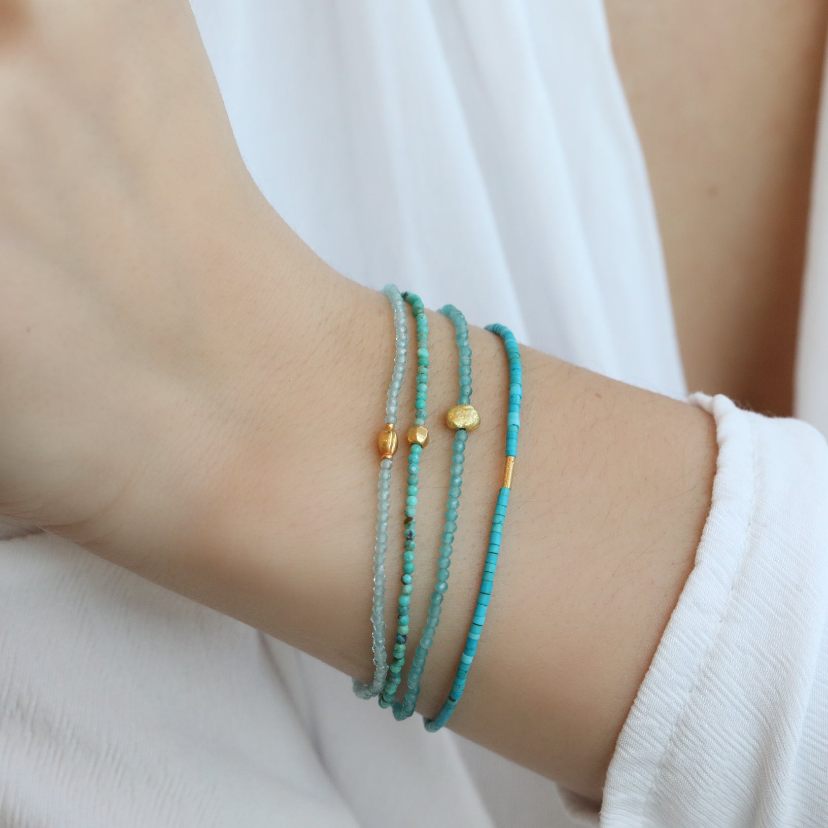 Faceted Turquoise Beaded Bracelet with 18K Hexagon Bead - Peridot Fine Jewelry - Margaret Solow Jewelry